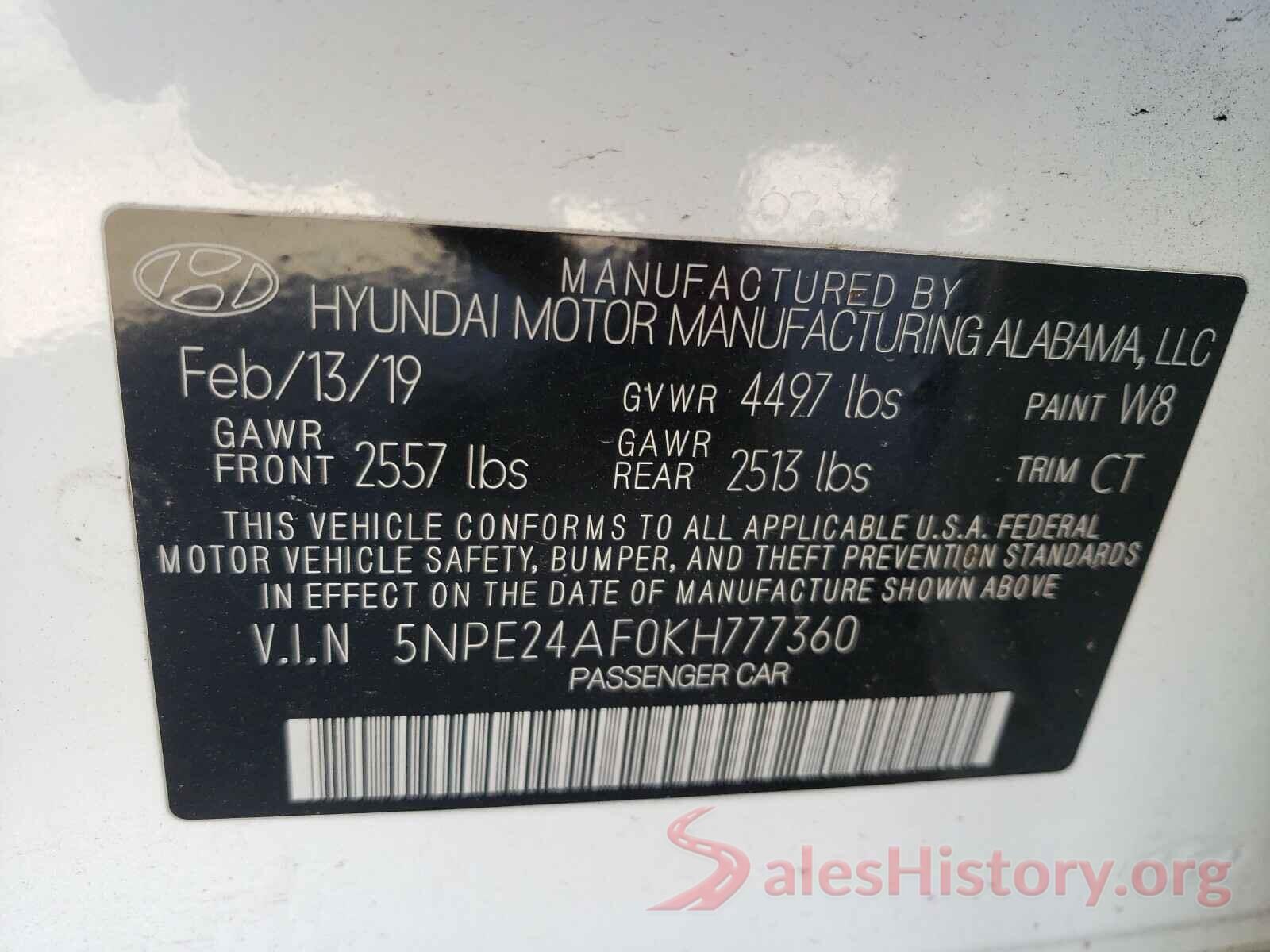 5NPE24AF0KH777360 2019 HYUNDAI SONATA