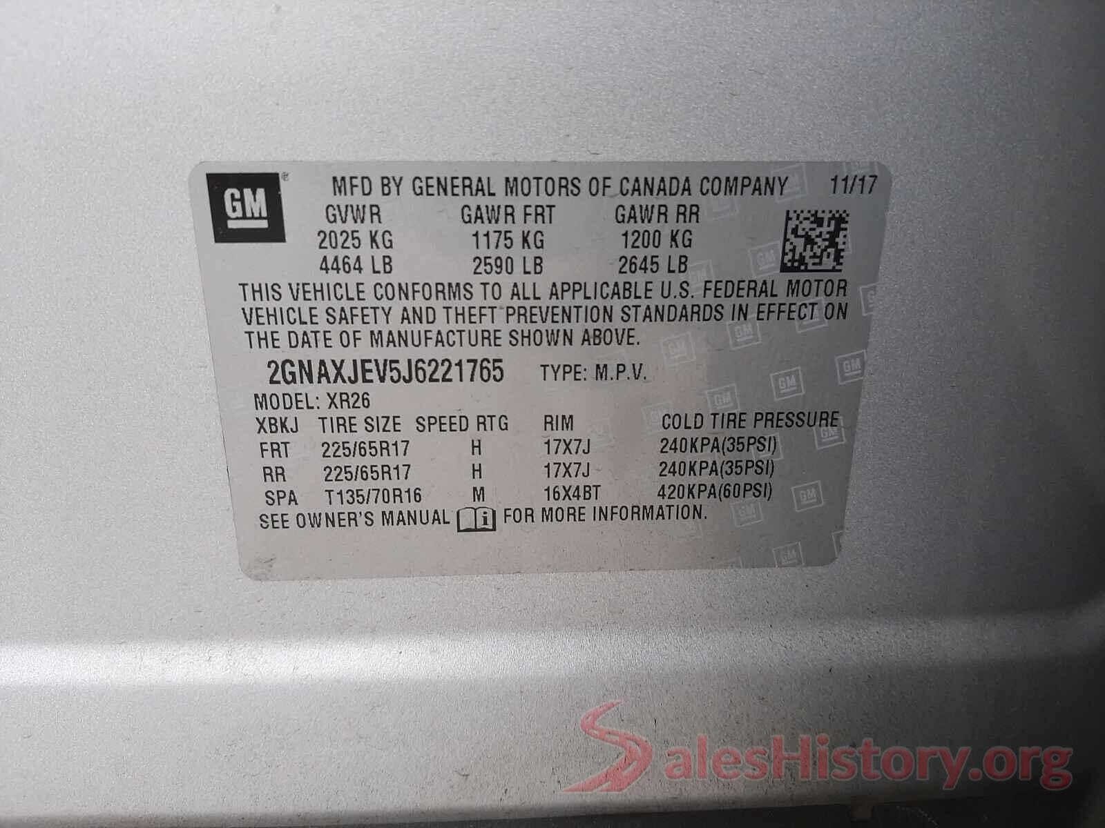 2GNAXJEV5J6221765 2018 CHEVROLET EQUINOX