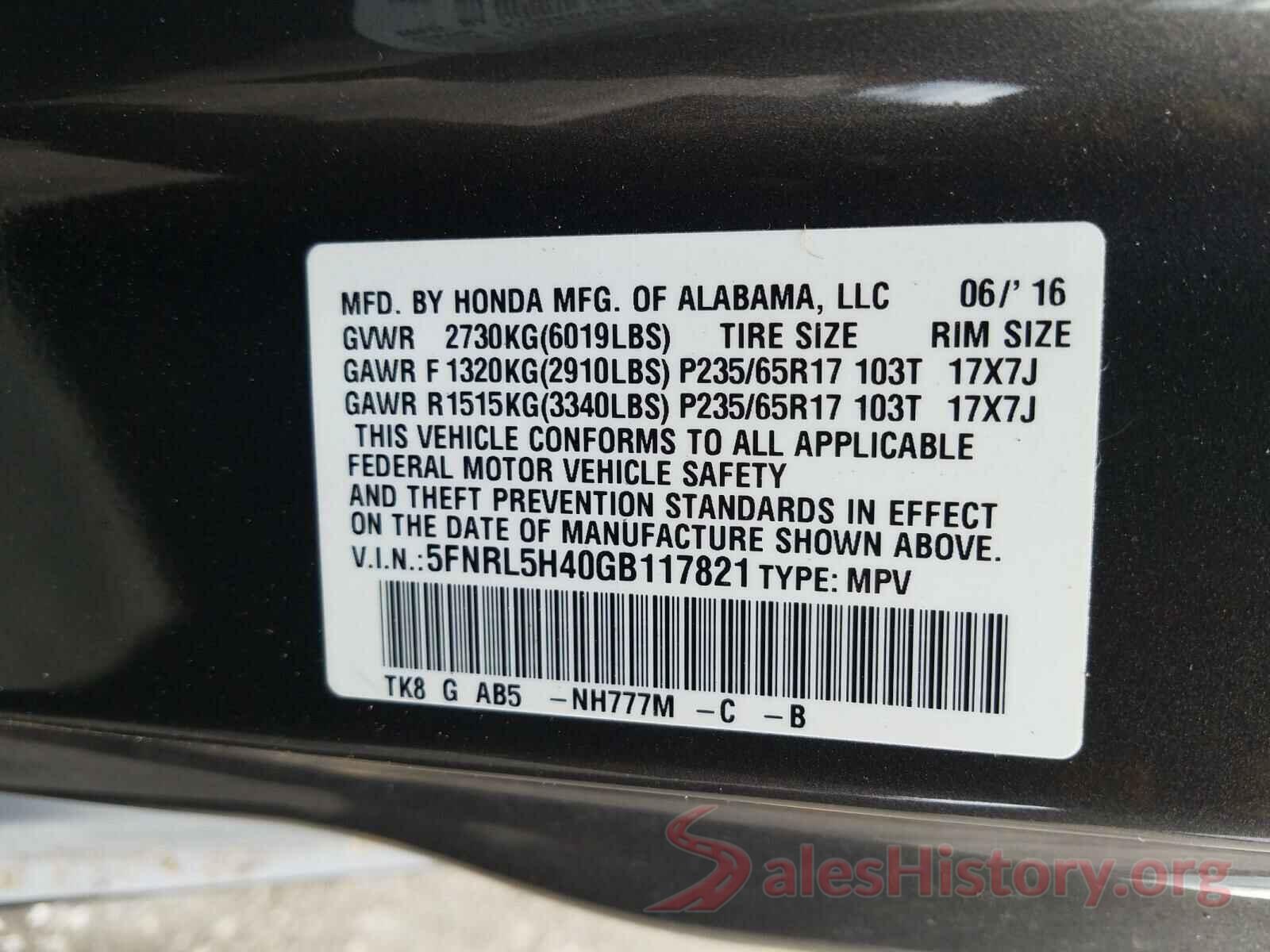 5FNRL5H40GB117821 2016 HONDA ODYSSEY