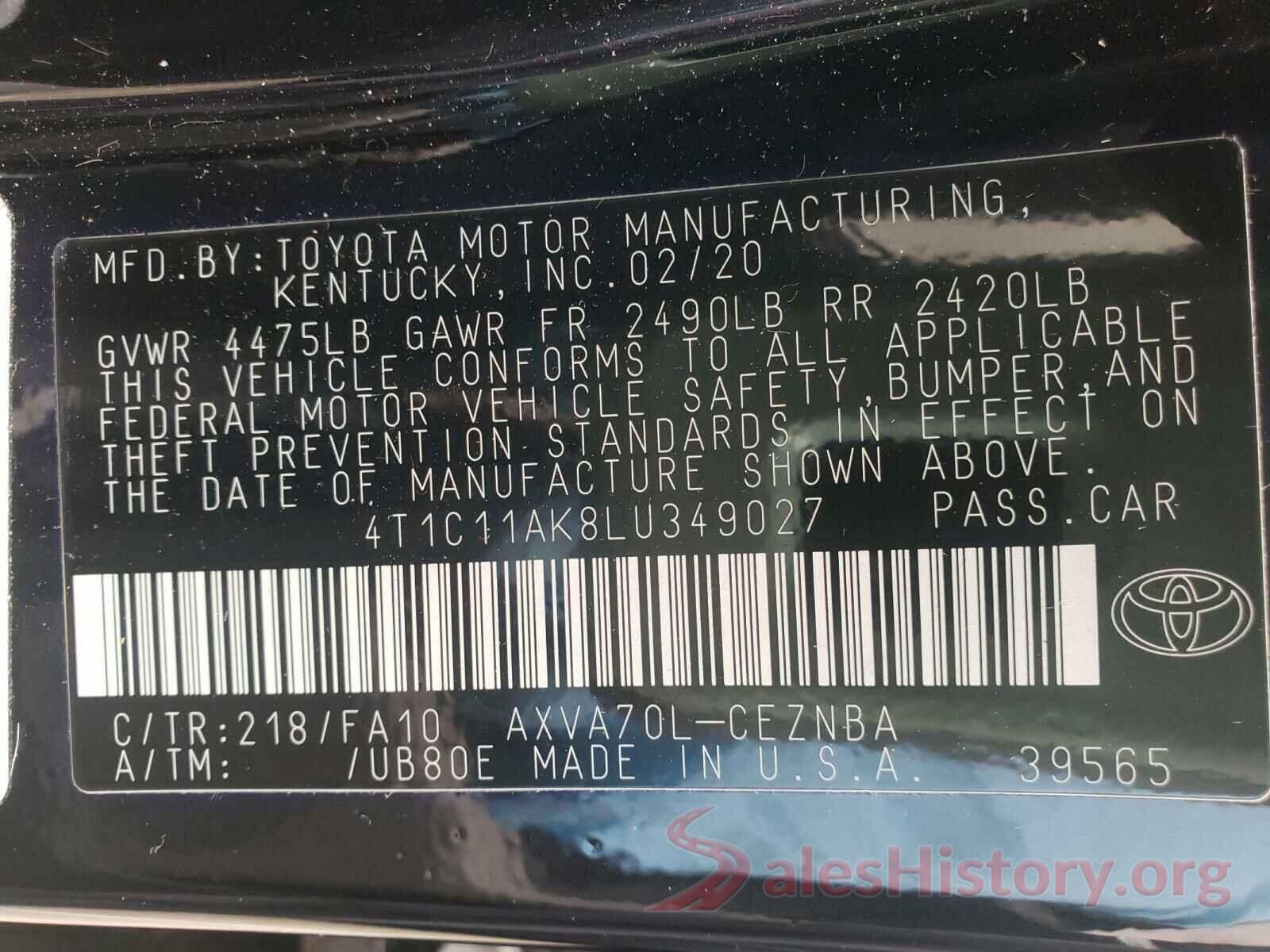 4T1C11AK8LU349027 2020 TOYOTA CAMRY