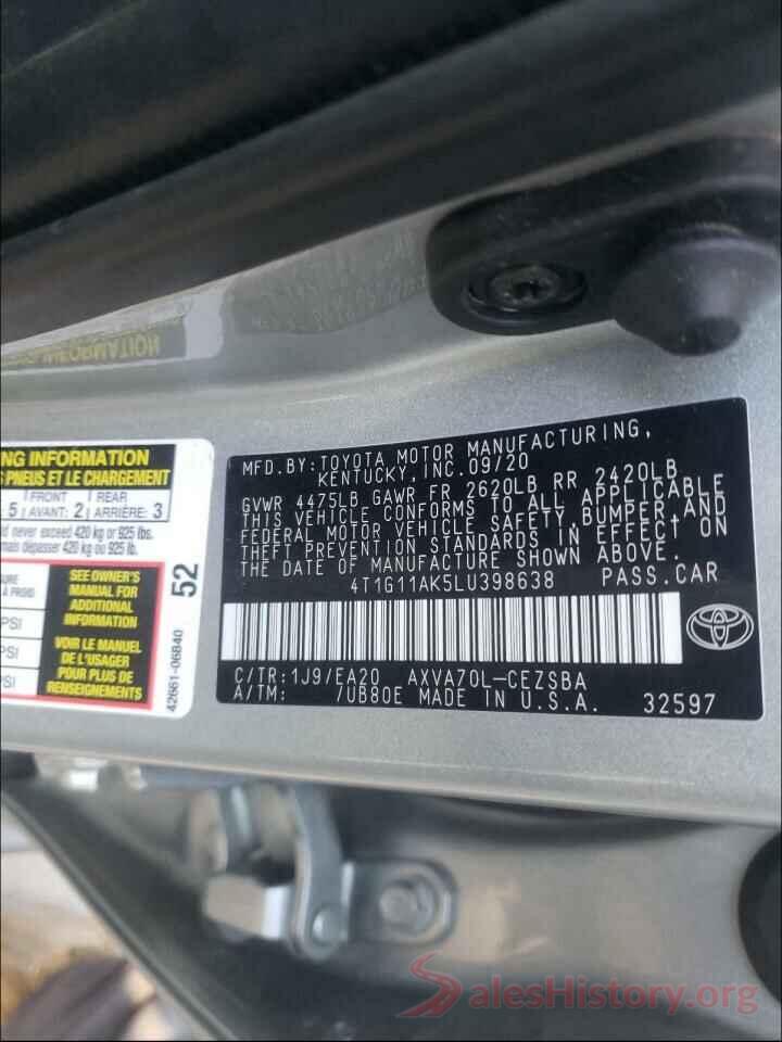 4T1G11AK5LU398638 2020 TOYOTA CAMRY