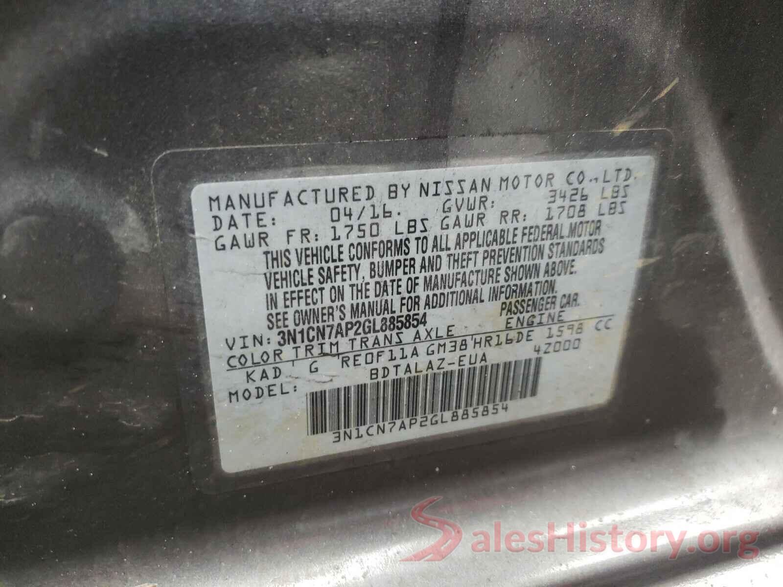 3N1CN7AP2GL885854 2016 NISSAN VERSA