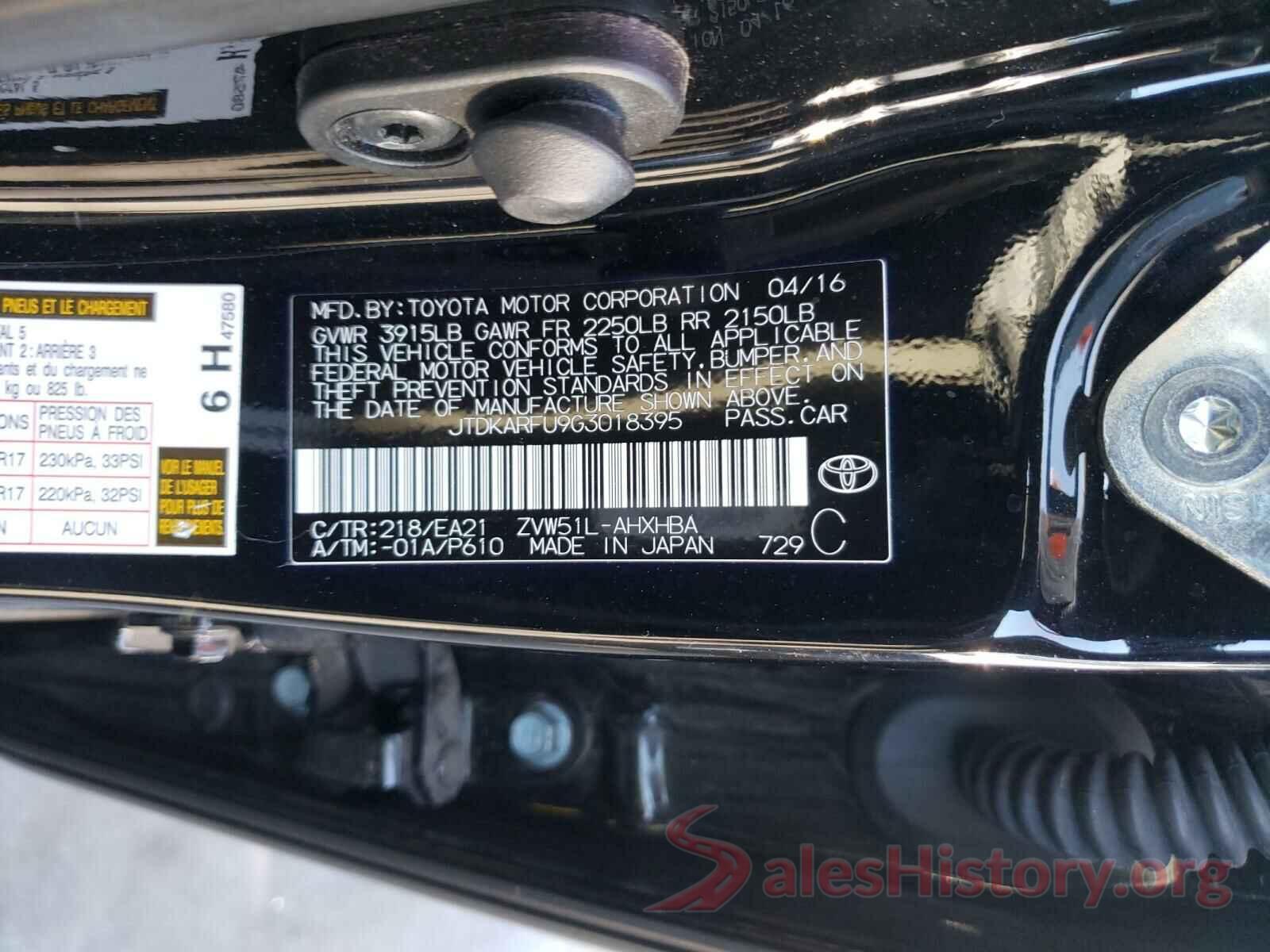 JTDKARFU9G3018395 2016 TOYOTA PRIUS