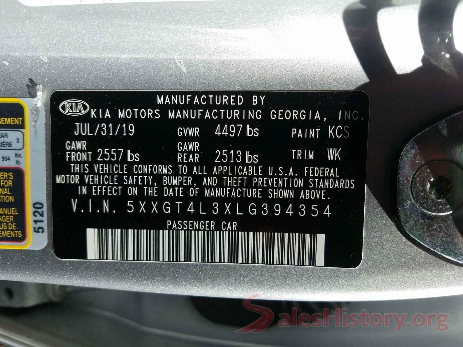 5XXGT4L3XLG394354 2020 KIA OPTIMA