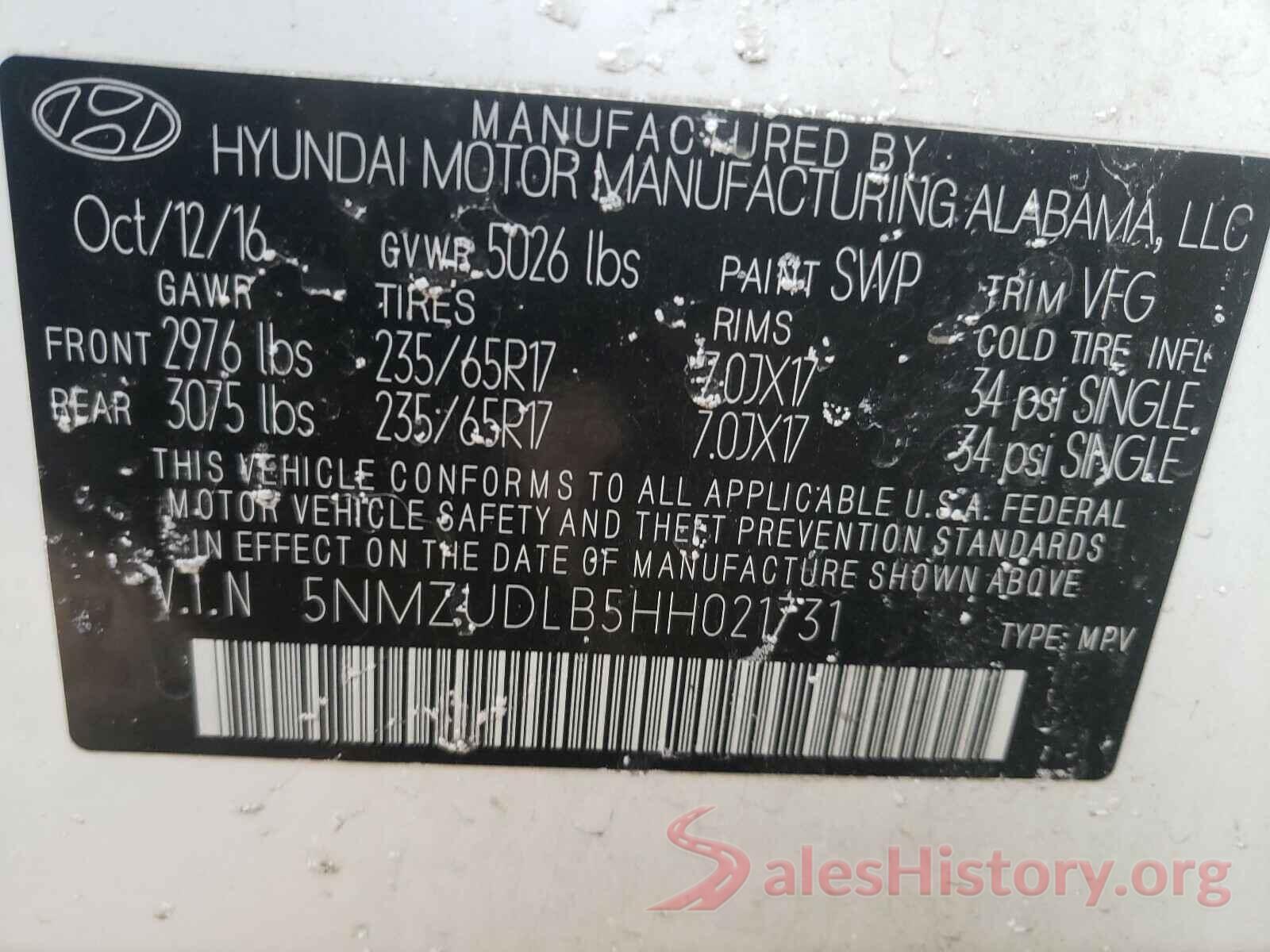 5NMZUDLB5HH021731 2017 HYUNDAI SANTA FE