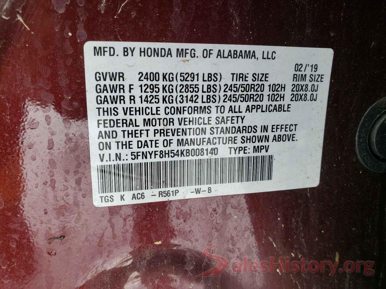 5FNYF8H54KB008140 2019 HONDA PASSPORT