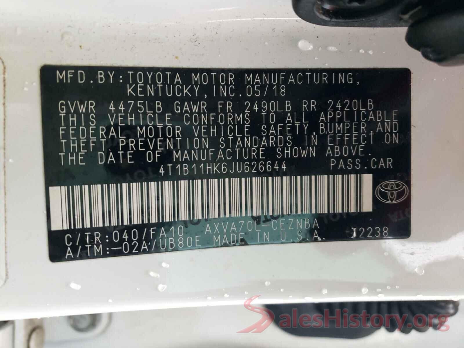 4T1B11HK6JU626644 2018 TOYOTA CAMRY