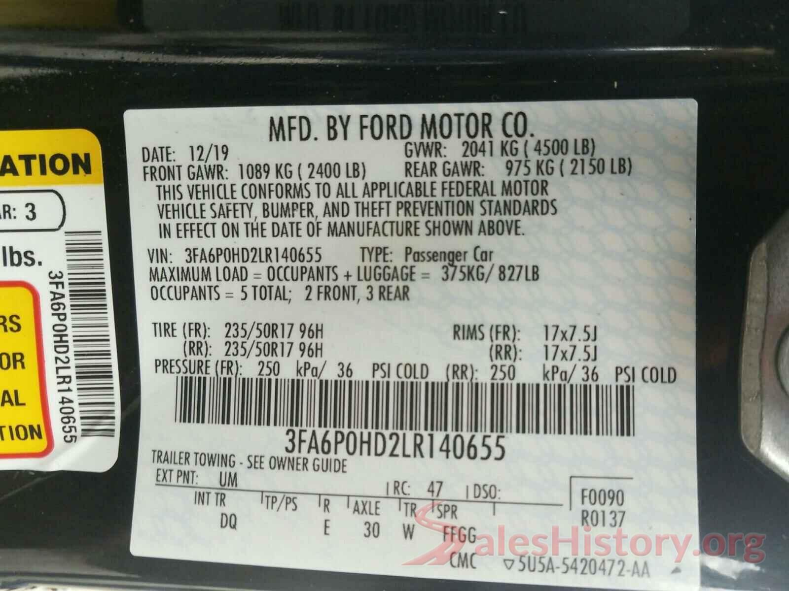 3FA6P0HD2LR140655 2020 FORD FUSION