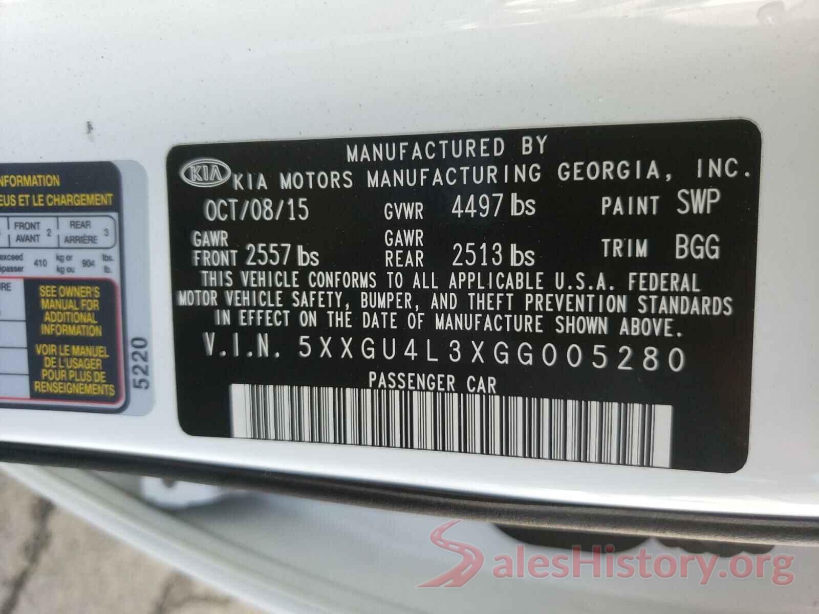 5XXGU4L3XGG005280 2016 KIA OPTIMA