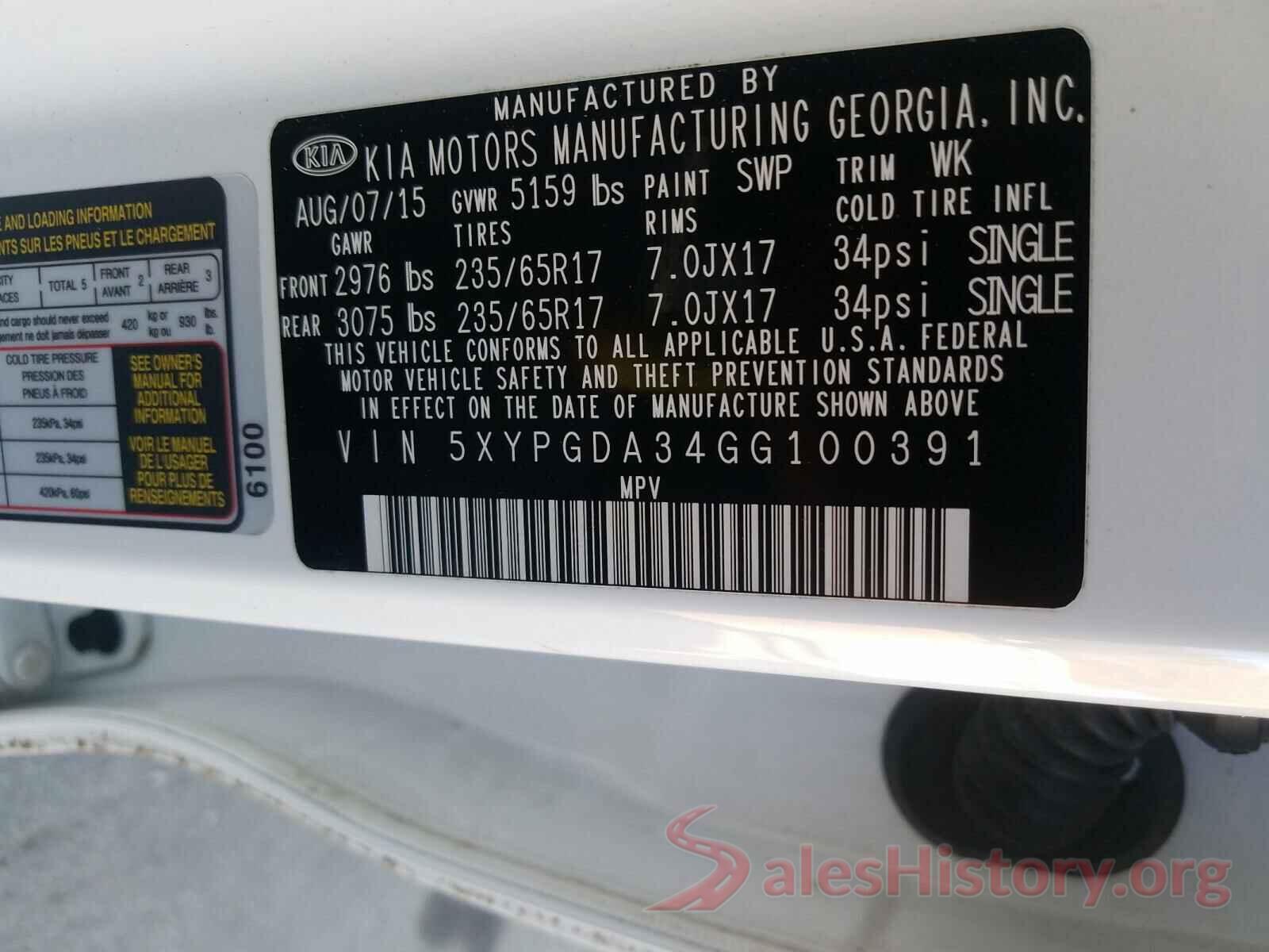 5XYPGDA34GG100391 2016 KIA SORENTO