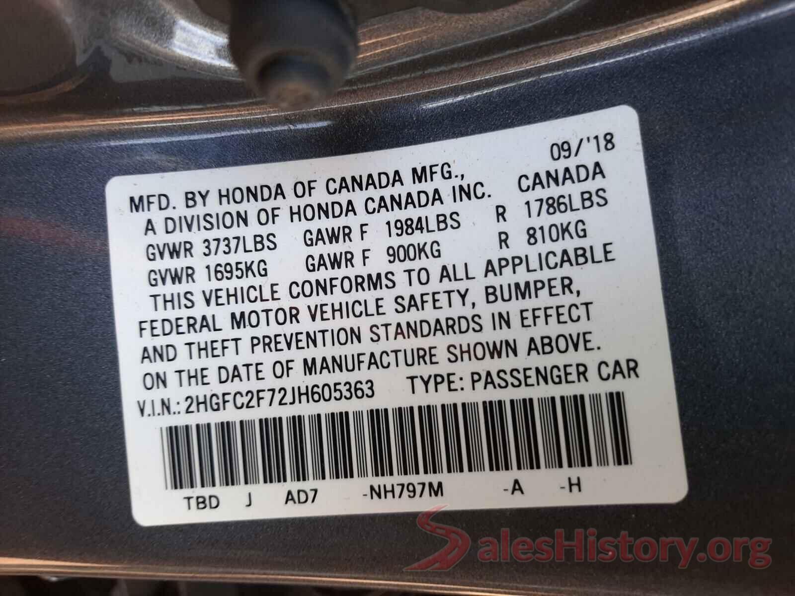 2HGFC2F72JH605363 2018 HONDA CIVIC