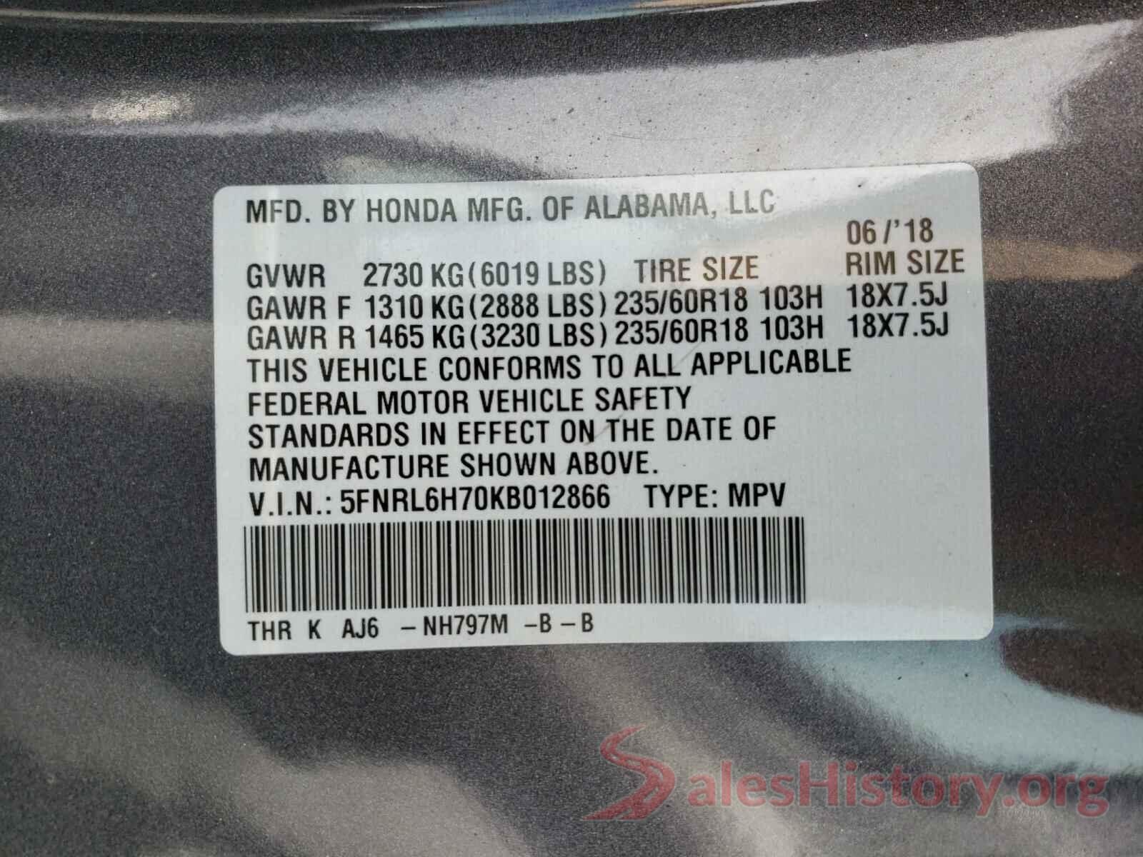 5FNRL6H70KB012866 2019 HONDA ODYSSEY