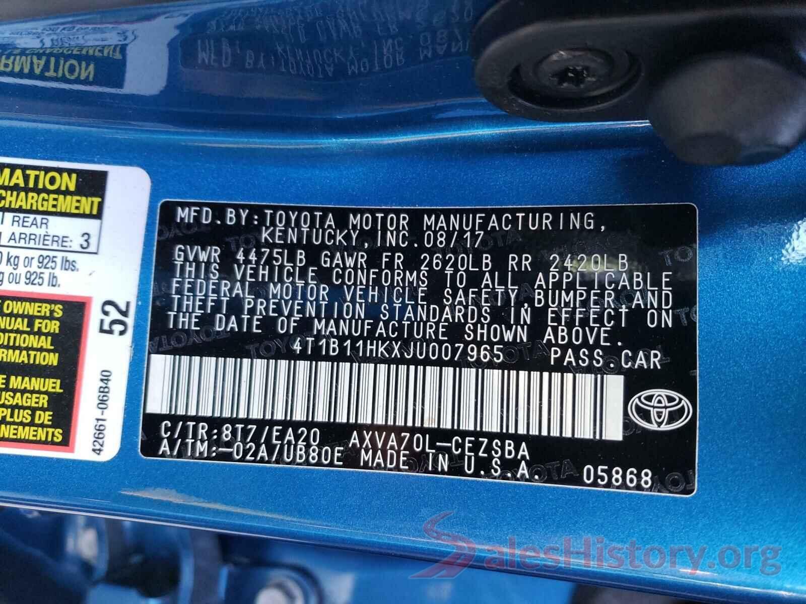 4T1B11HKXJU007965 2018 TOYOTA CAMRY