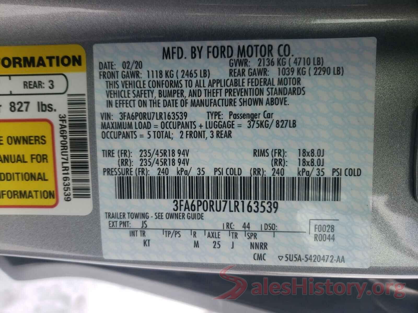 3FA6P0RU7LR163539 2020 FORD FUSION