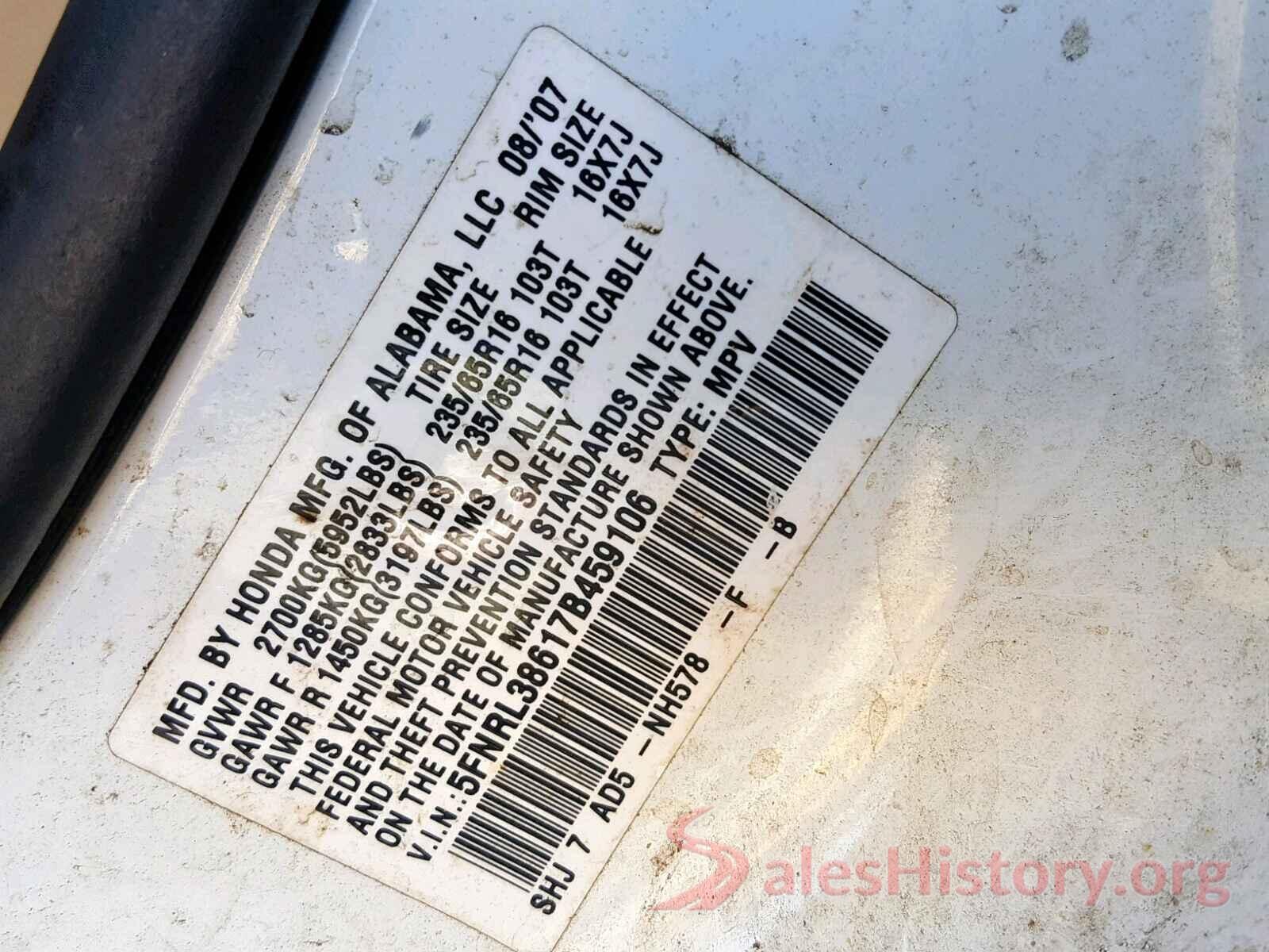 5FNRL38617B459106 2007 HONDA ODYSSEY EX