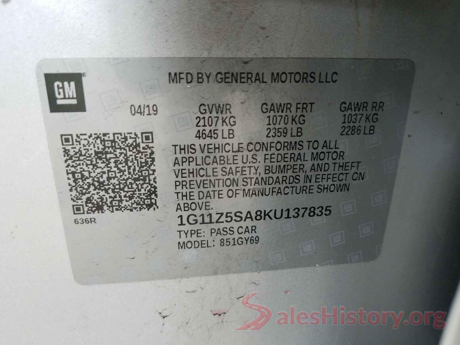 1G11Z5SA8KU137835 2019 CHEVROLET IMPALA