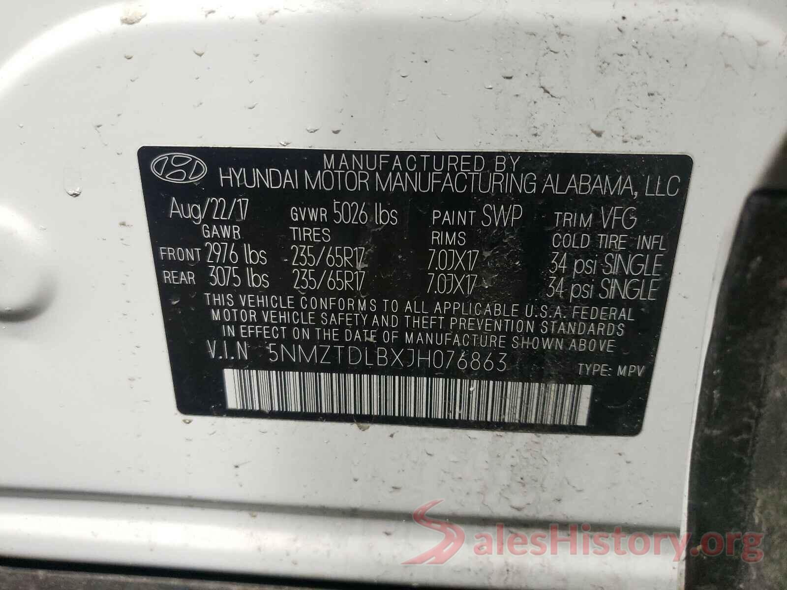 5NMZTDLBXJH076863 2018 HYUNDAI SANTA FE