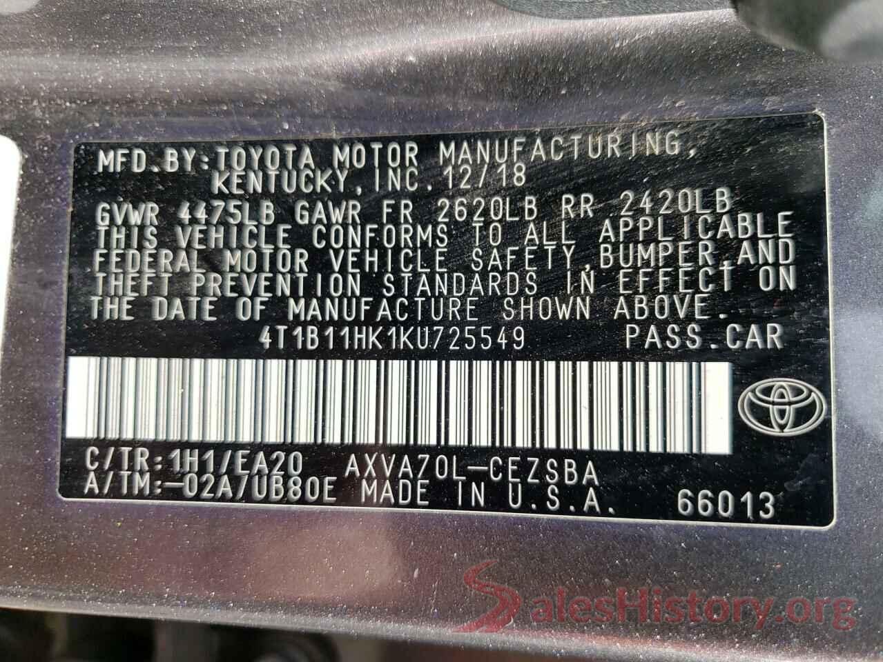 4T1B11HK1KU725549 2019 TOYOTA CAMRY