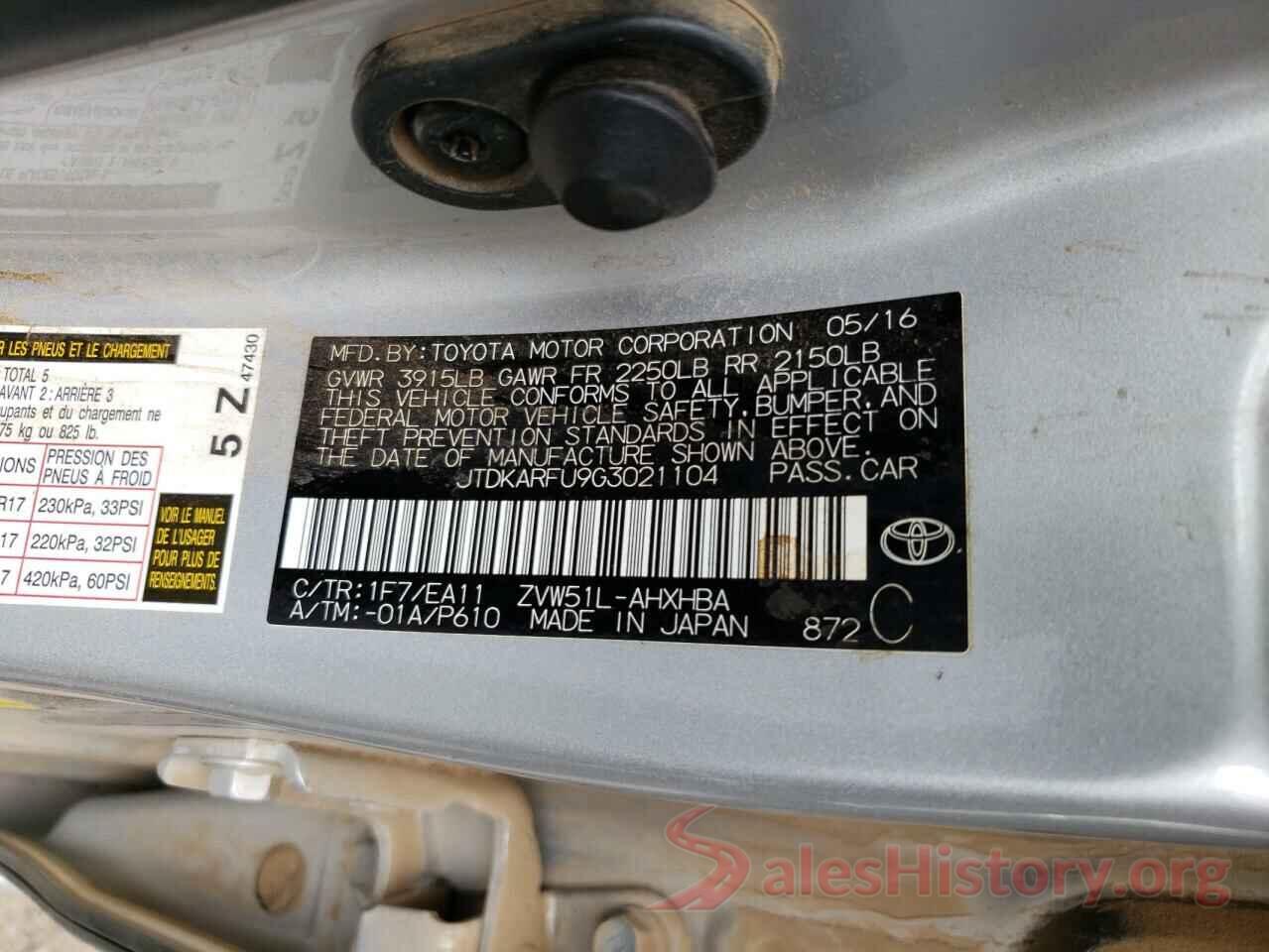 JTDKARFU9G3021104 2016 TOYOTA PRIUS