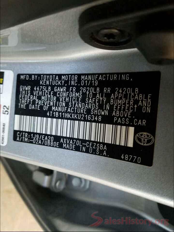 4T1B11HKXKU216348 2019 TOYOTA CAMRY