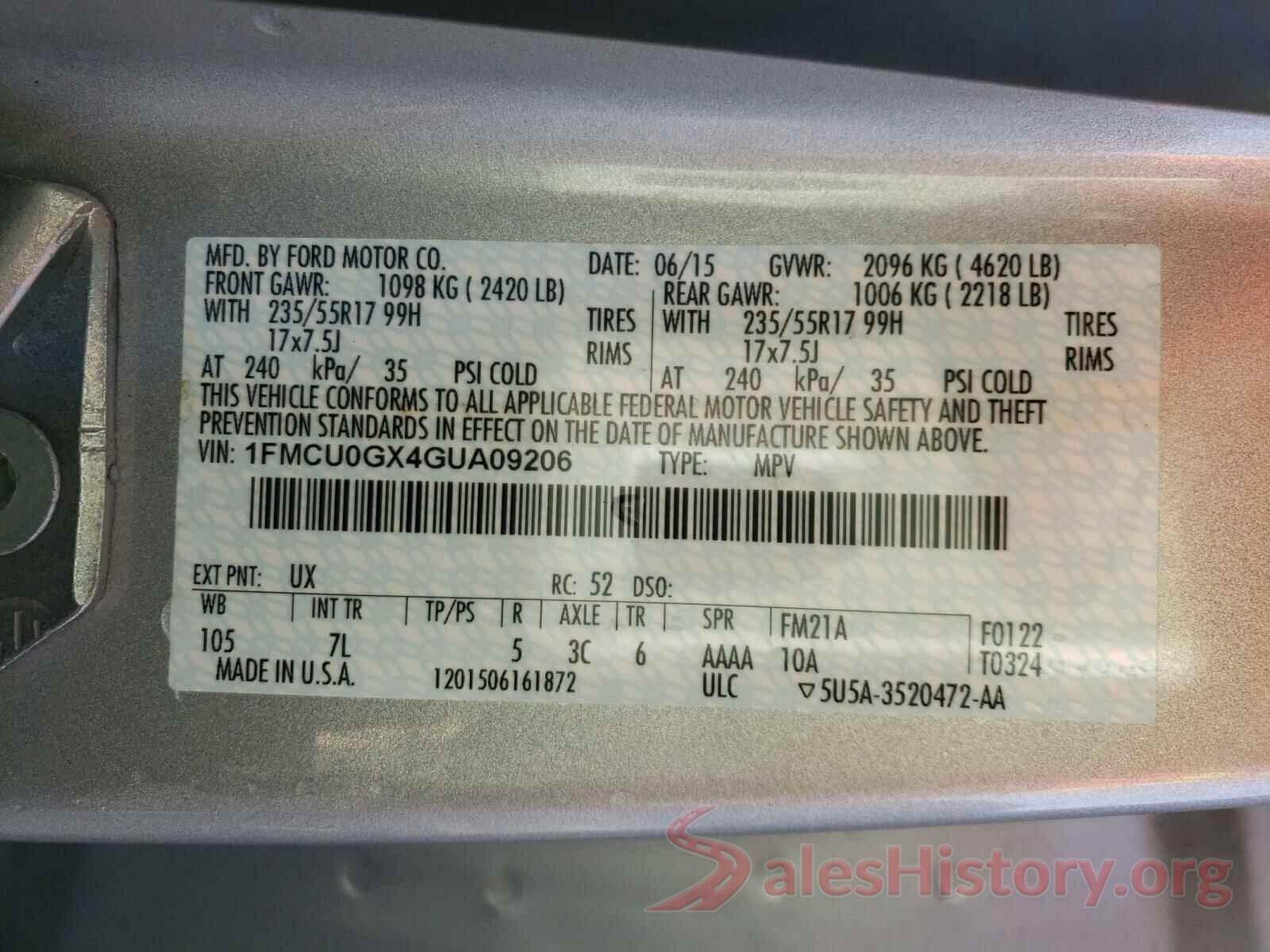 1FMCU0GX4GUA09206 2016 FORD ESCAPE