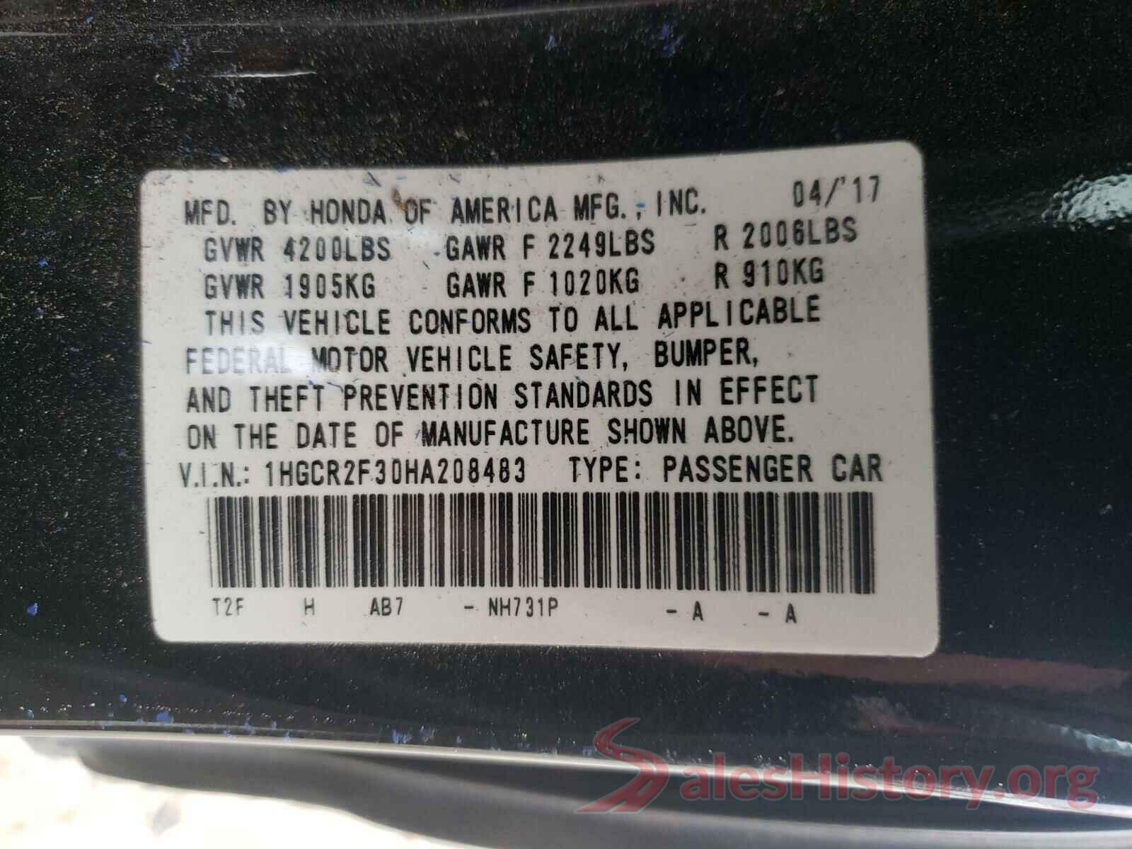 1HGCR2F30HA208483 2017 HONDA ACCORD