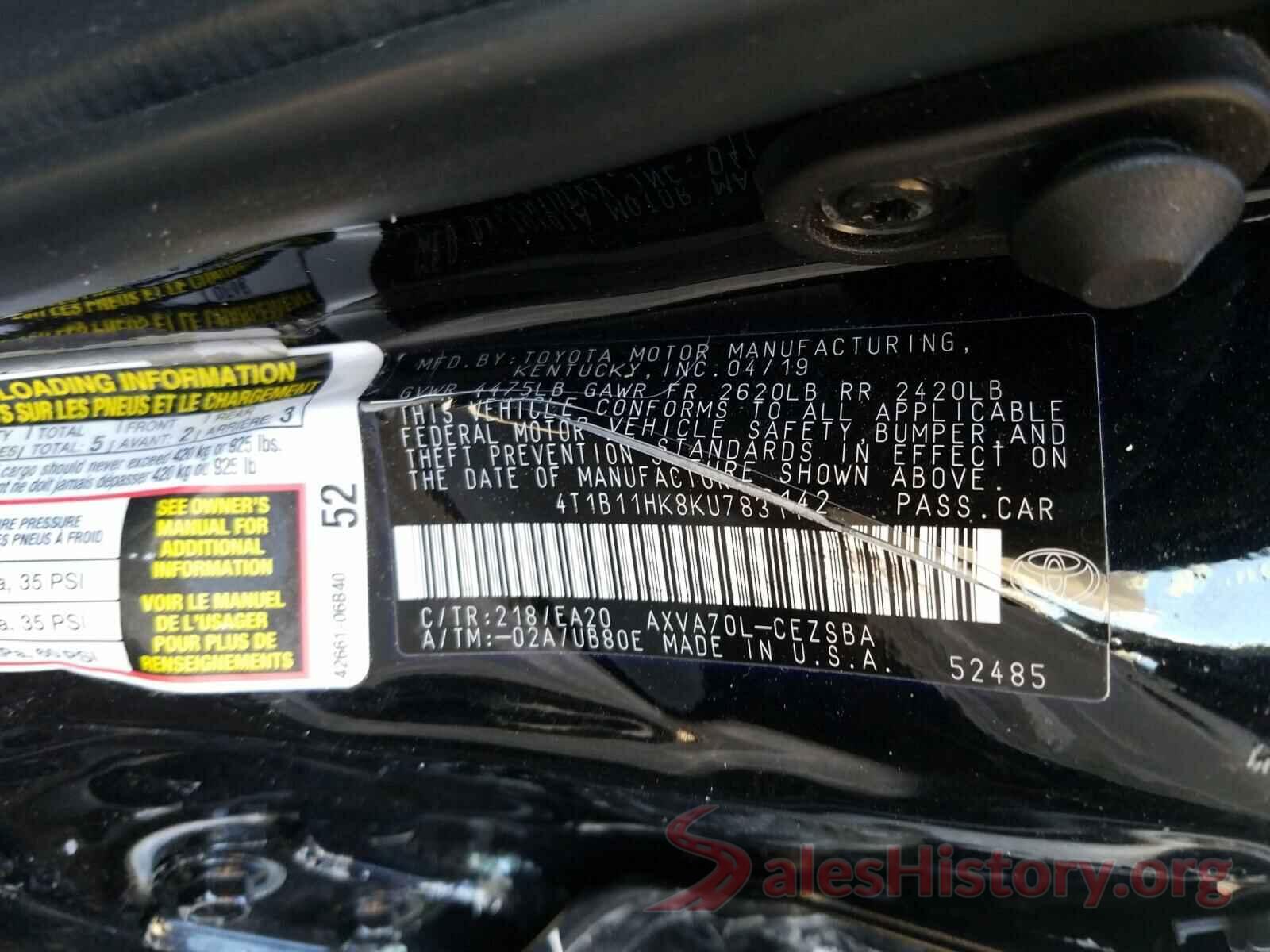 4T1B11HK8KU783142 2019 TOYOTA CAMRY