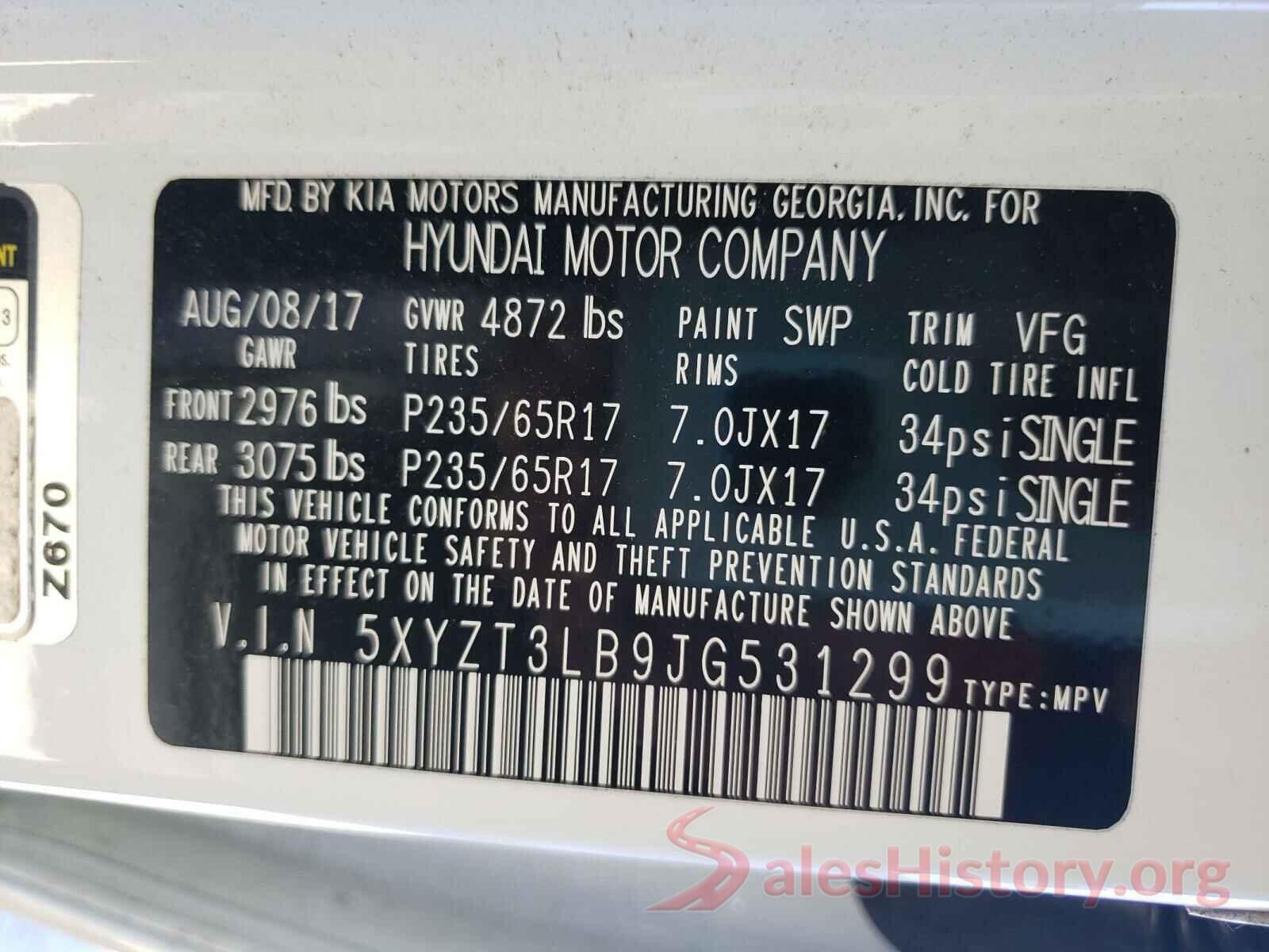 5XYZT3LB9JG531299 2018 HYUNDAI SANTA FE