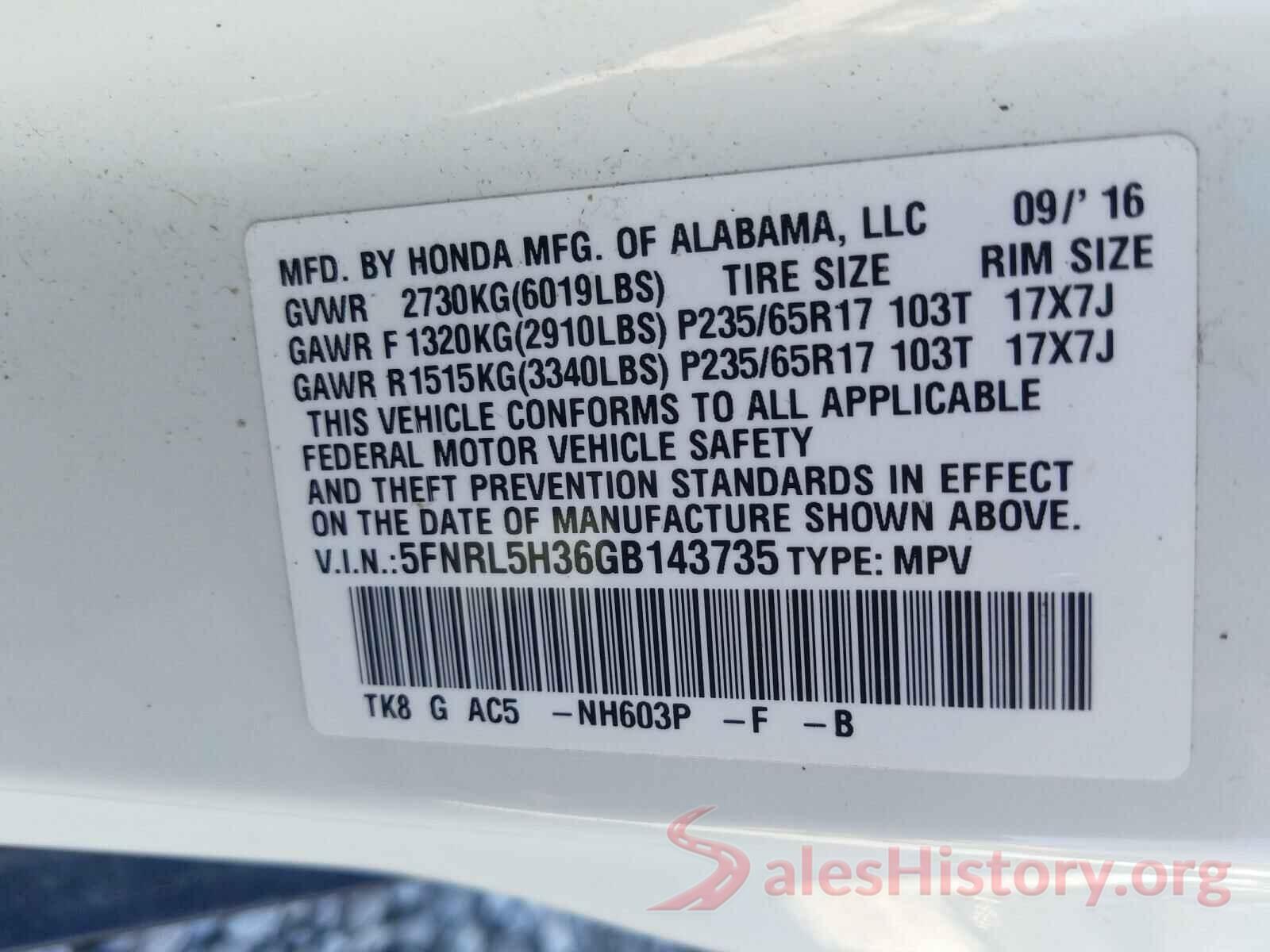 5FNRL5H36GB143735 2016 HONDA ODYSSEY