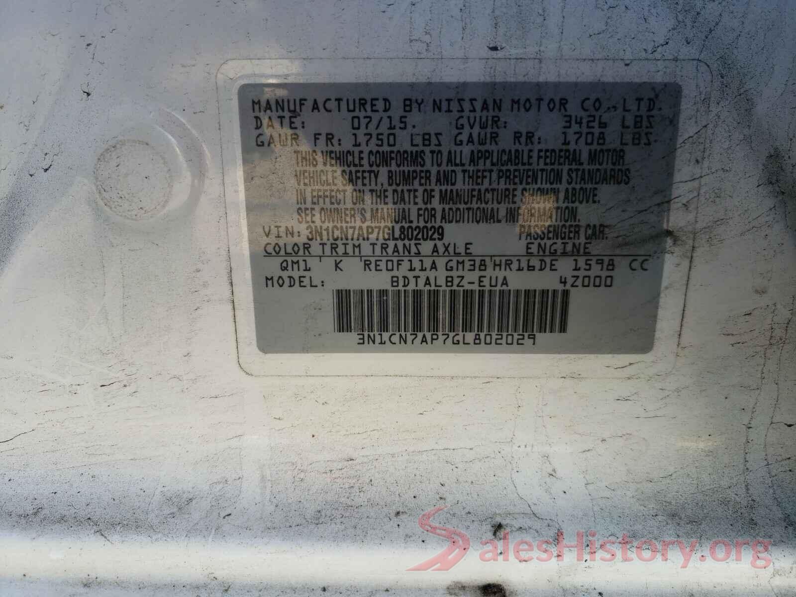 3N1CN7AP7GL802029 2016 NISSAN VERSA