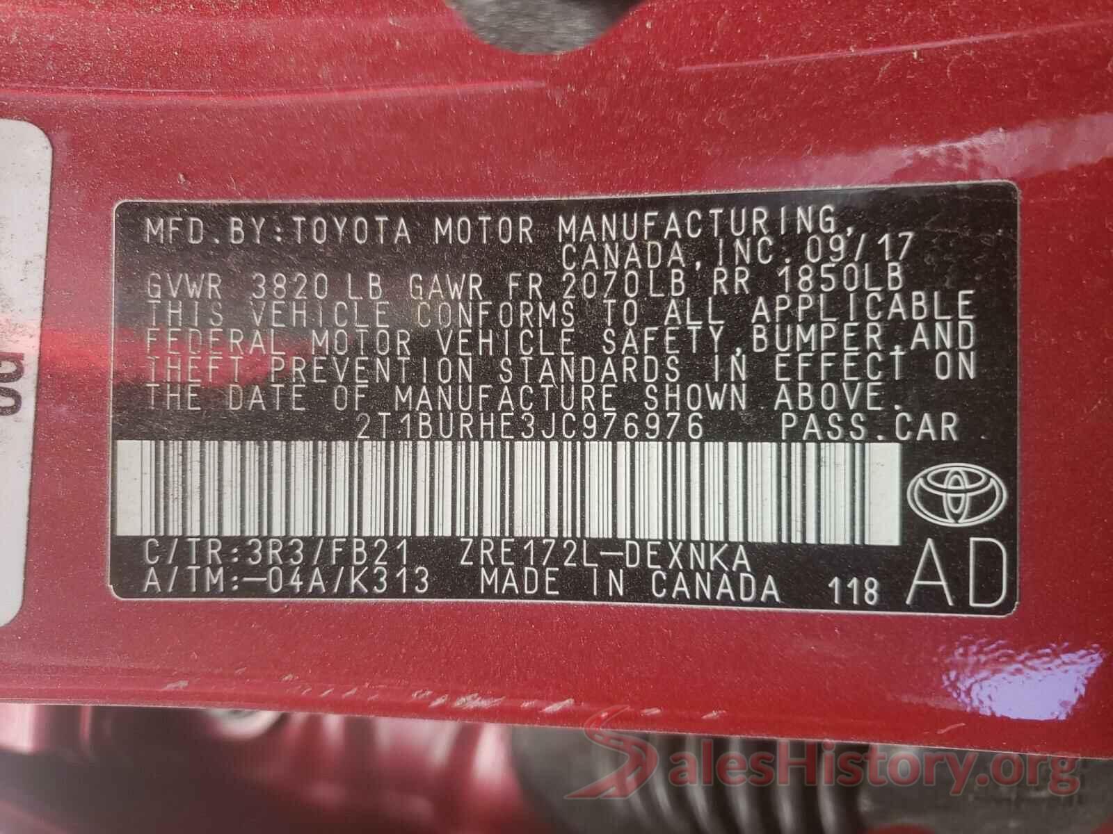 2T1BURHE3JC976976 2018 TOYOTA COROLLA