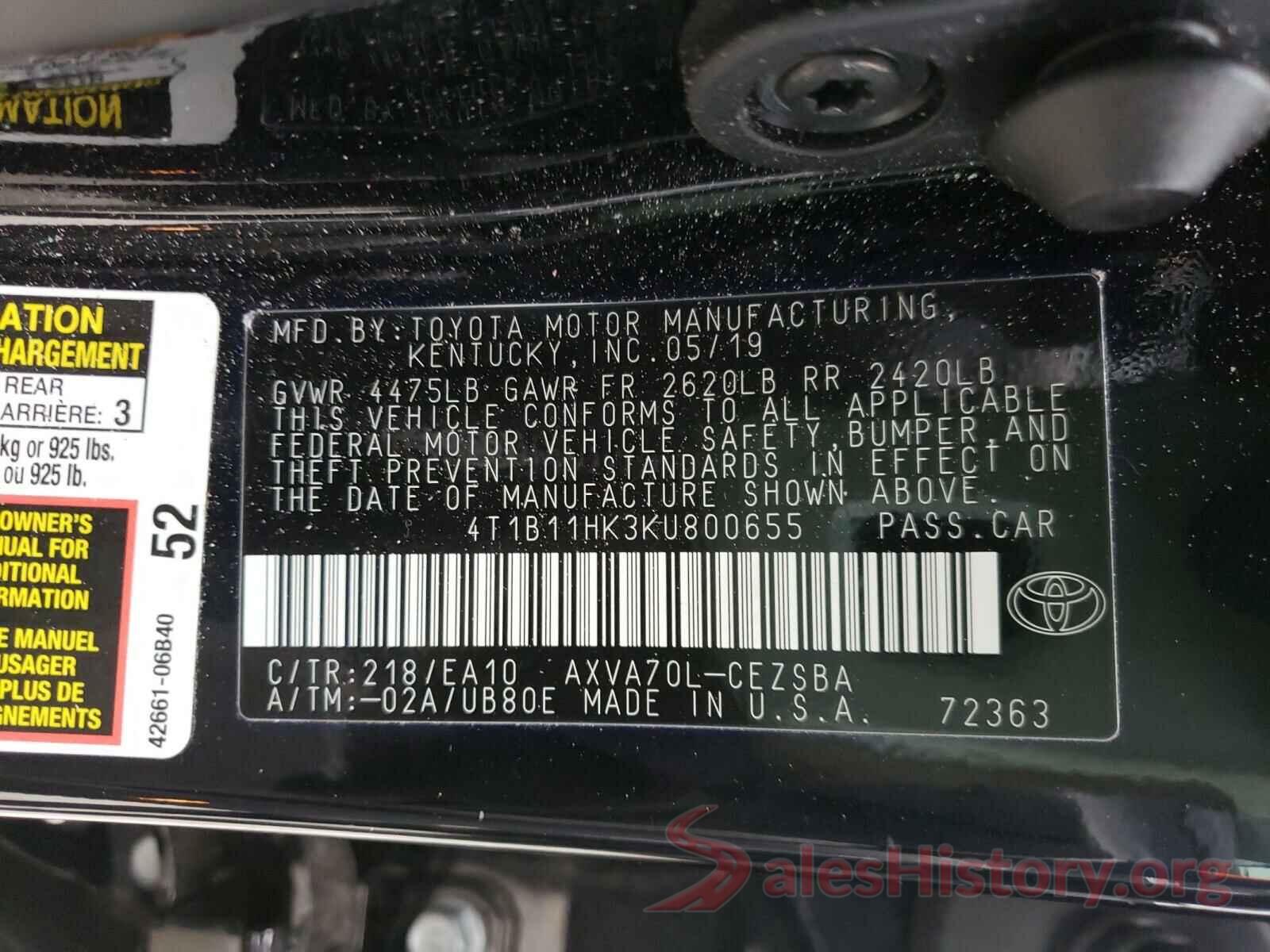 4T1B11HK3KU800655 2019 TOYOTA CAMRY