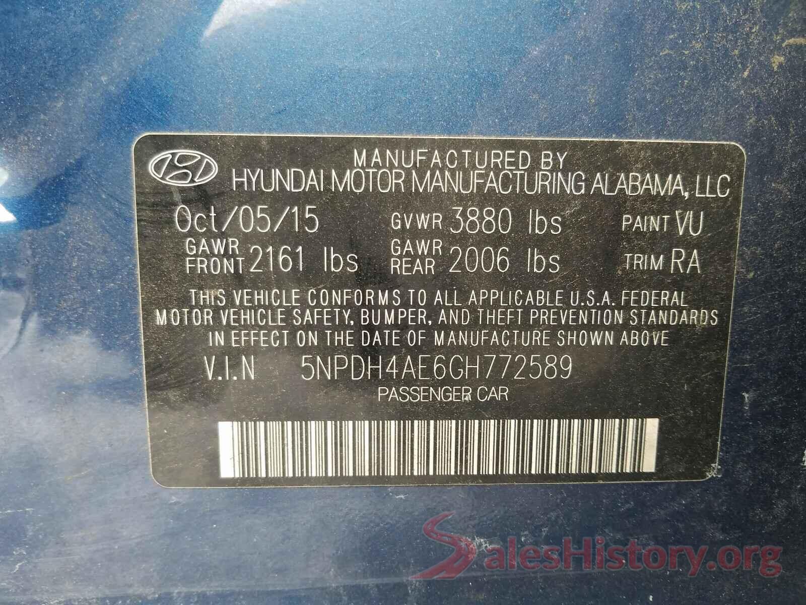 5NPDH4AE6GH772589 2016 HYUNDAI ELANTRA