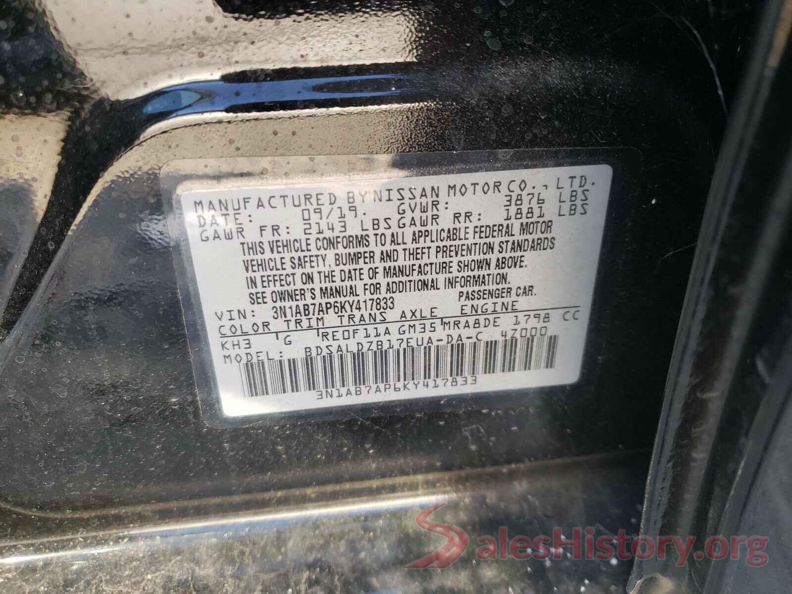 3N1AB7AP6KY417833 2019 NISSAN SENTRA