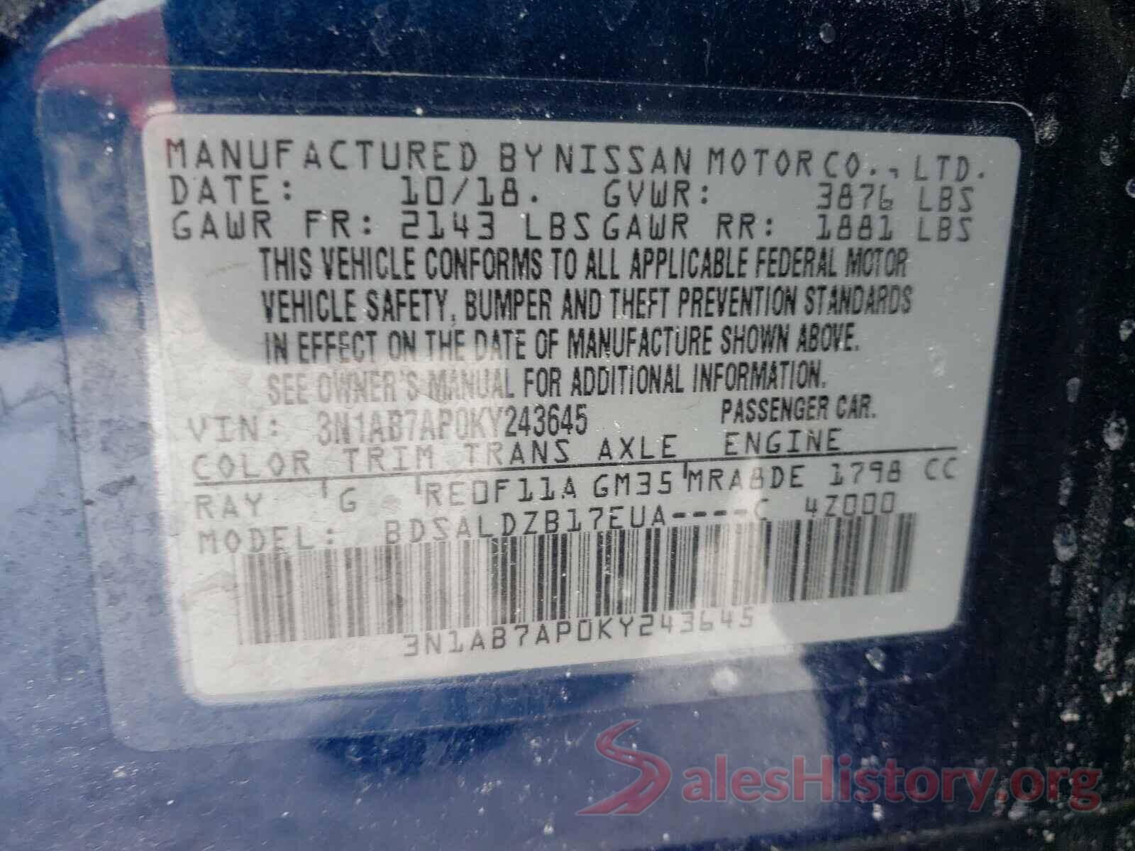 3N1AB7AP0KY243645 2019 NISSAN SENTRA