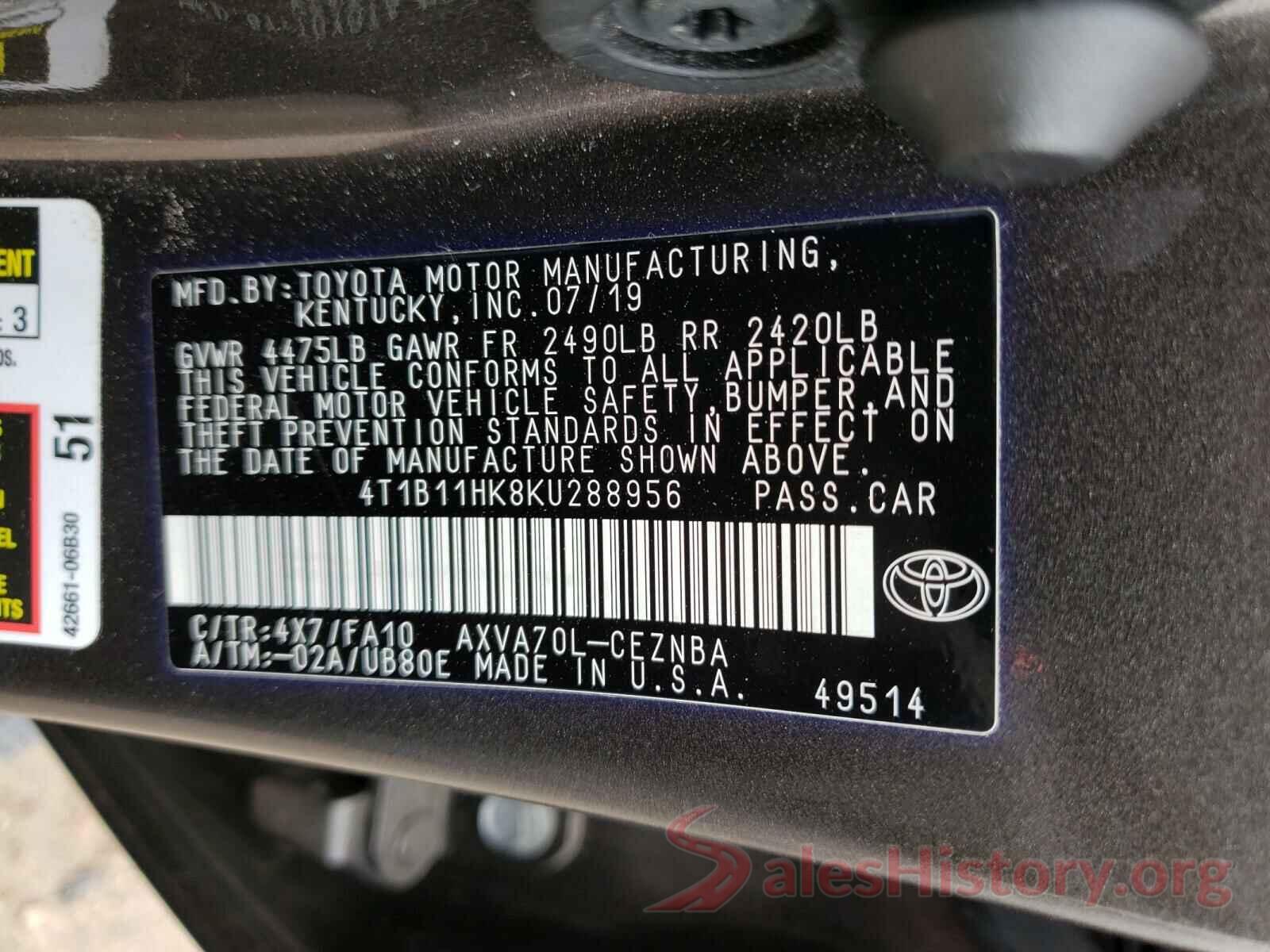 4T1B11HK8KU288956 2019 TOYOTA CAMRY