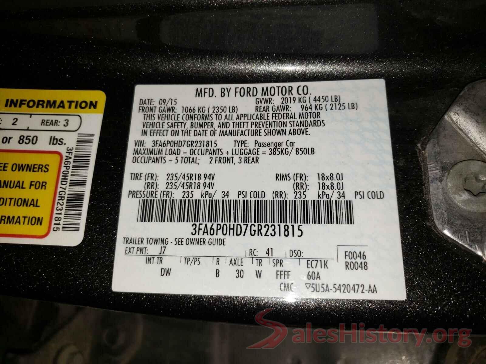 3FA6P0HD7GR231815 2016 FORD FUSION