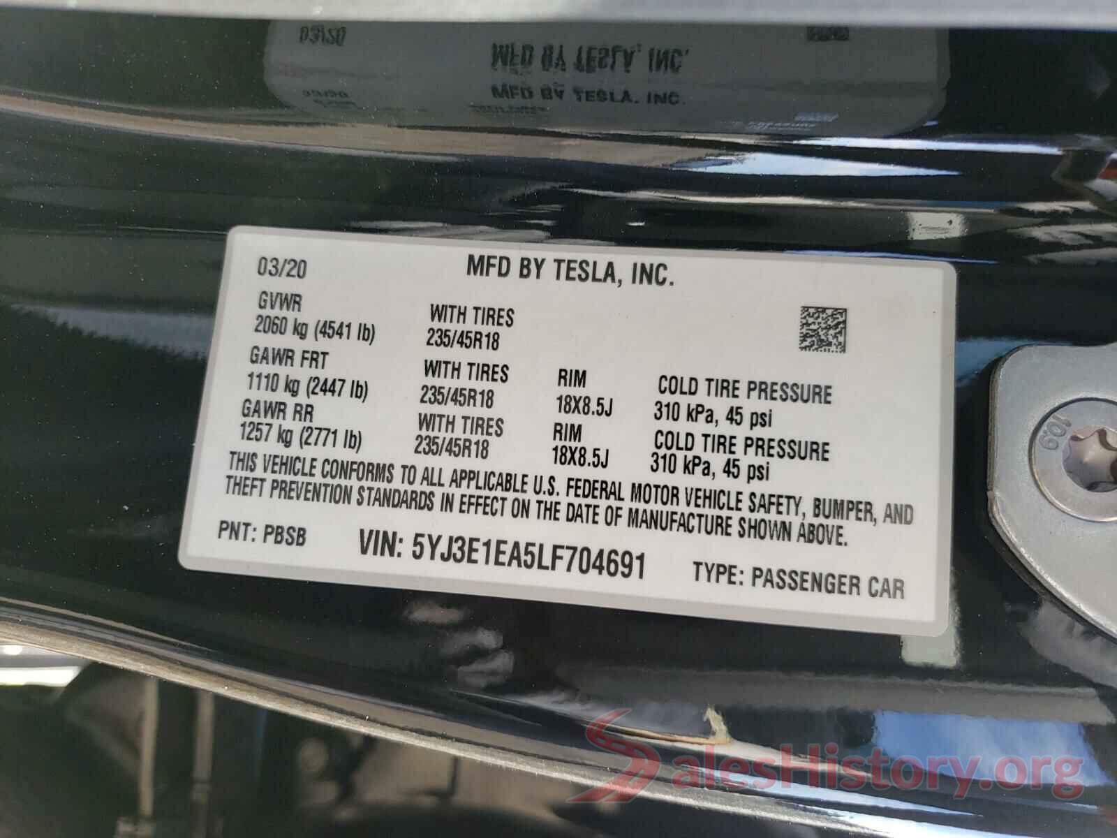 5YJ3E1EA5LF704691 2020 TESLA MODEL 3