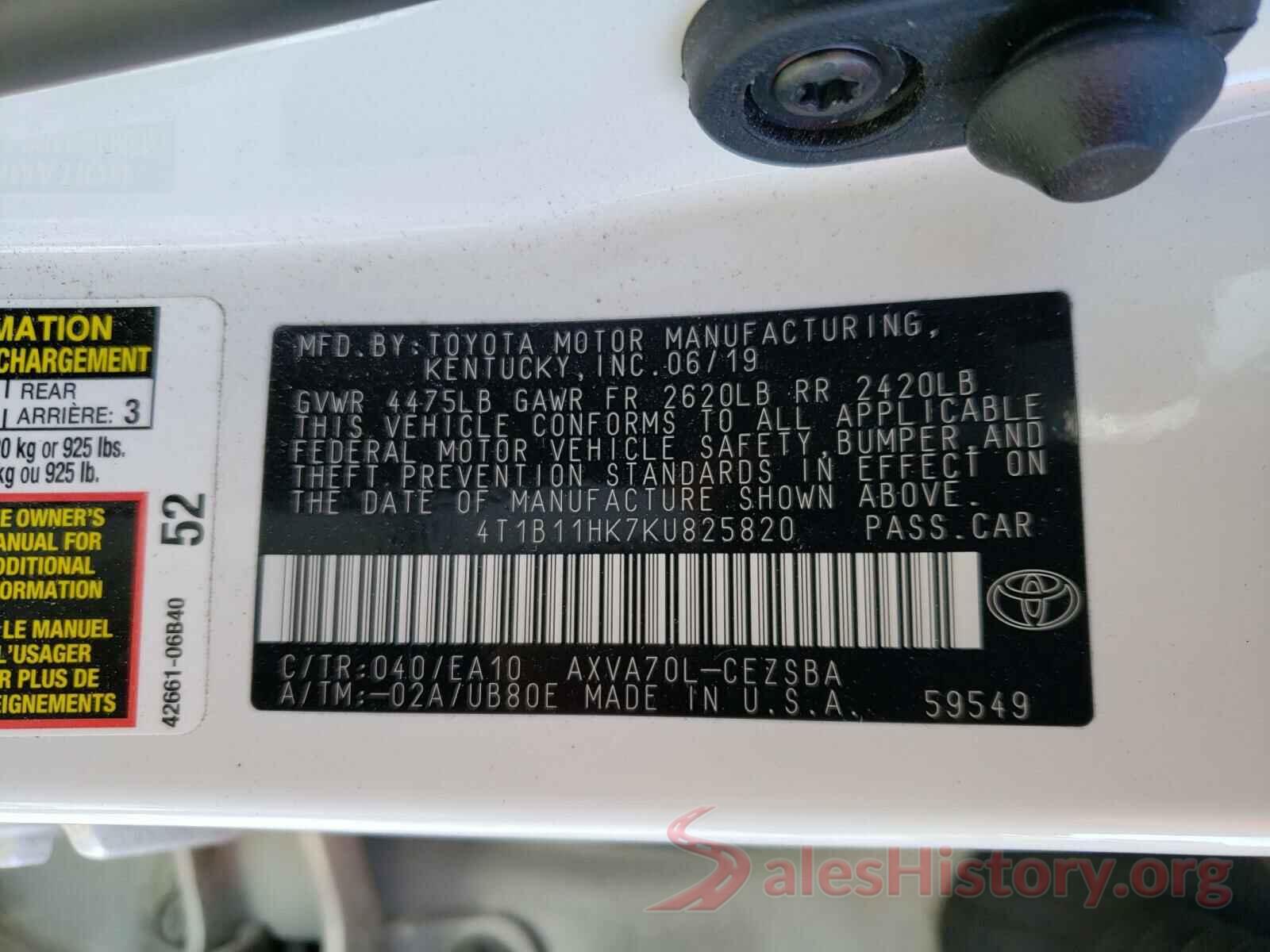 4T1B11HK7KU825820 2019 TOYOTA CAMRY