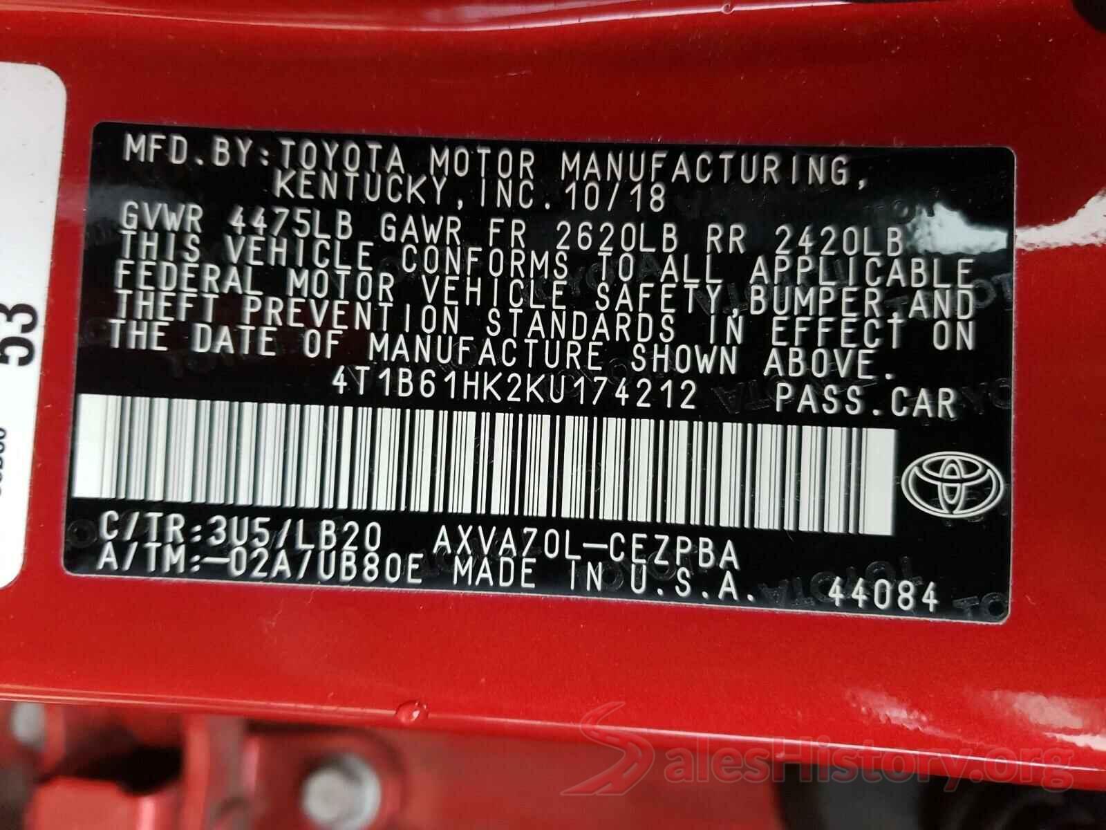 4T1B61HK2KU174212 2019 TOYOTA CAMRY