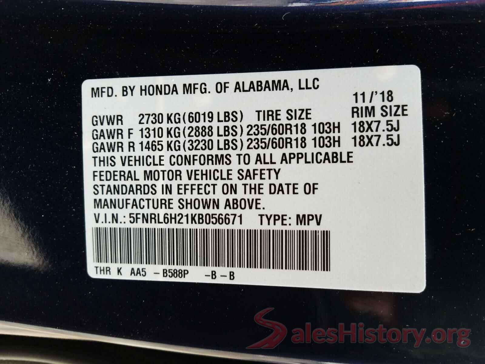 5FNRL6H21KB056671 2019 HONDA ODYSSEY