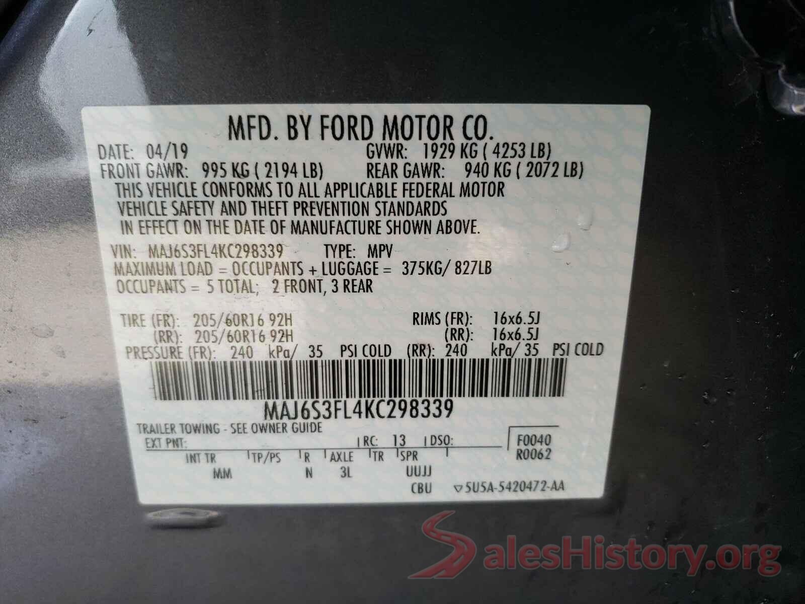 MAJ6S3FL4KC298339 2019 FORD ALL OTHER