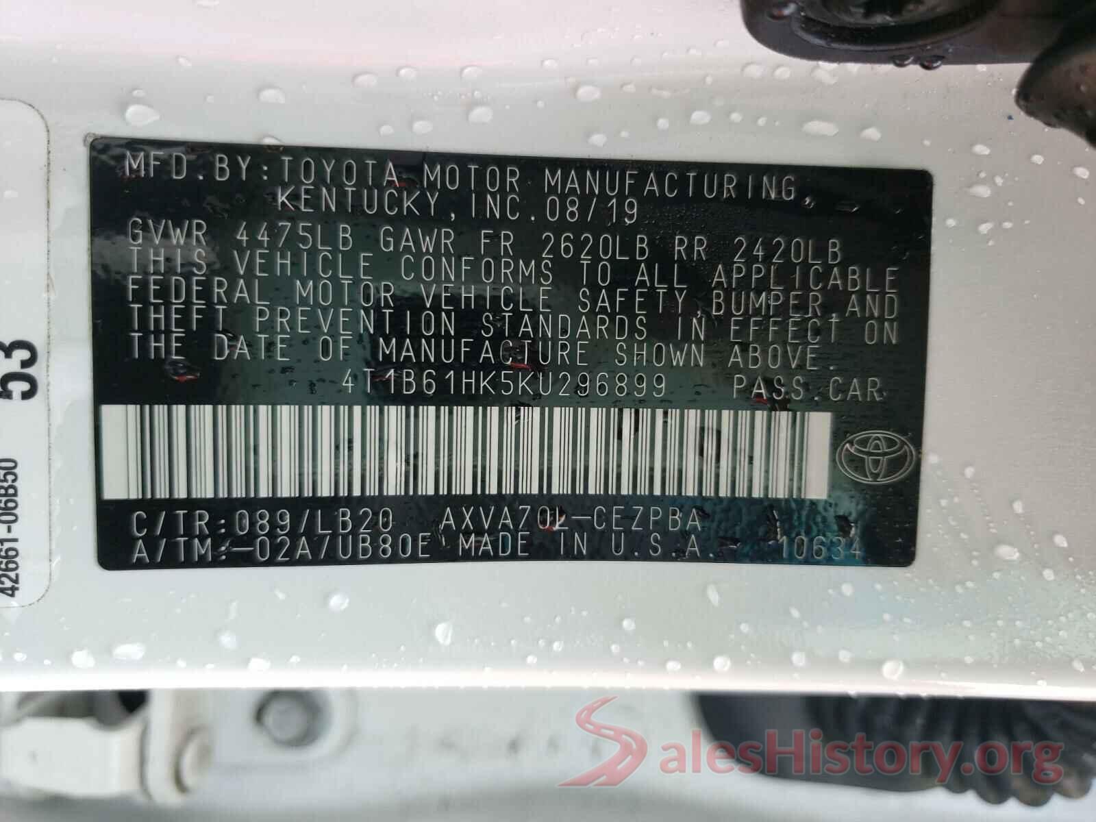 4T1B61HK5KU296899 2019 TOYOTA CAMRY