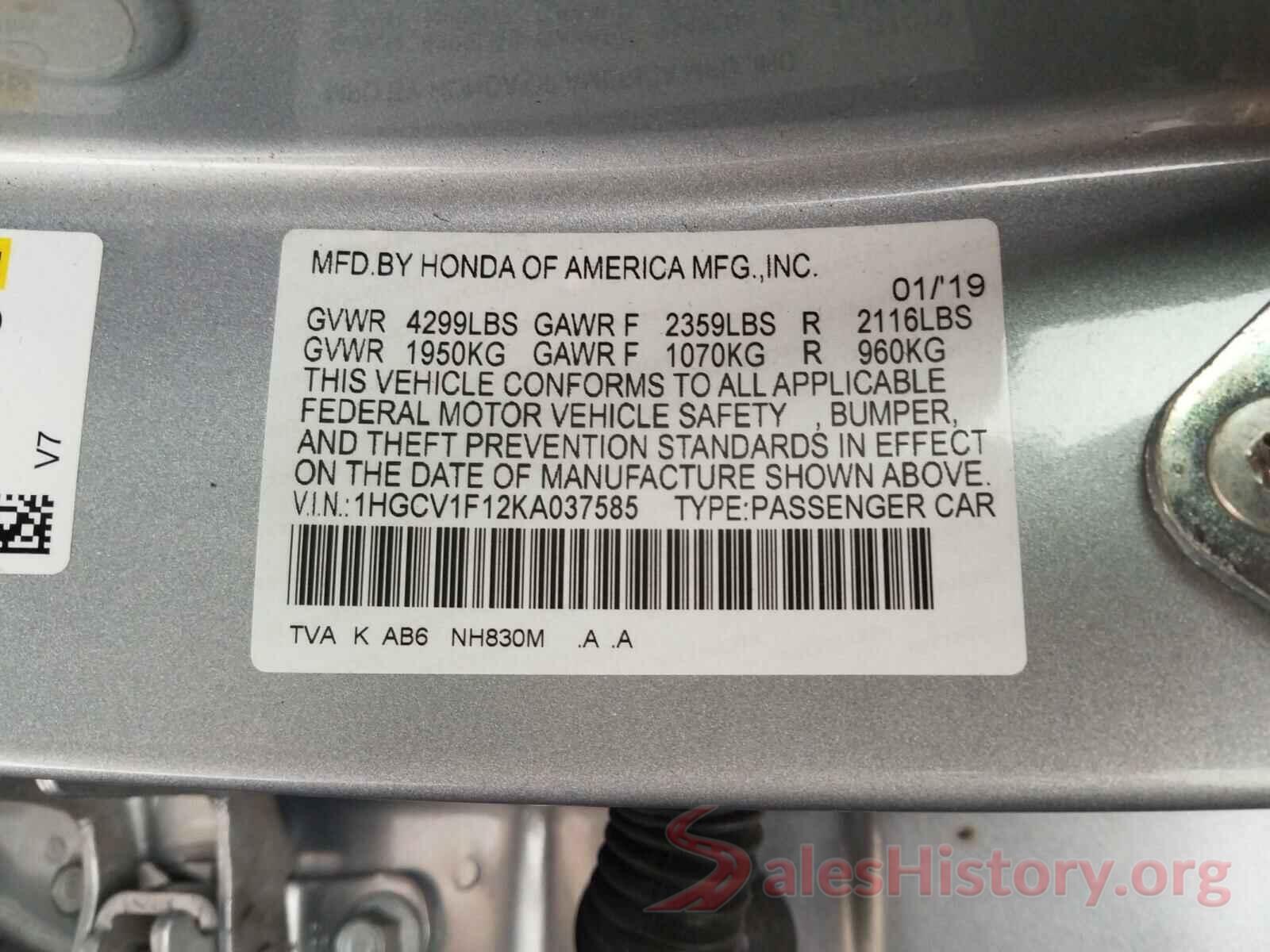 1HGCV1F12KA037585 2019 HONDA ACCORD