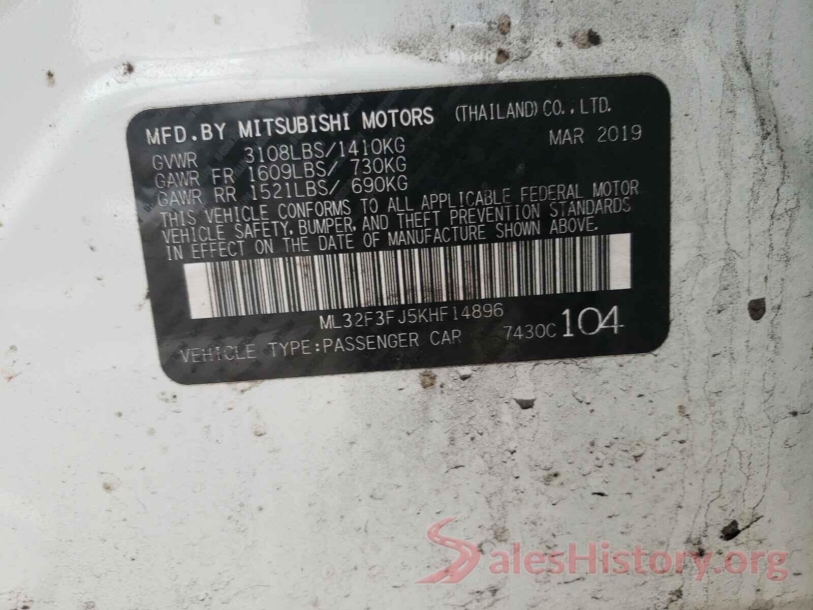 ML32F3FJ5KHF14896 2019 MITSUBISHI MIRAGE