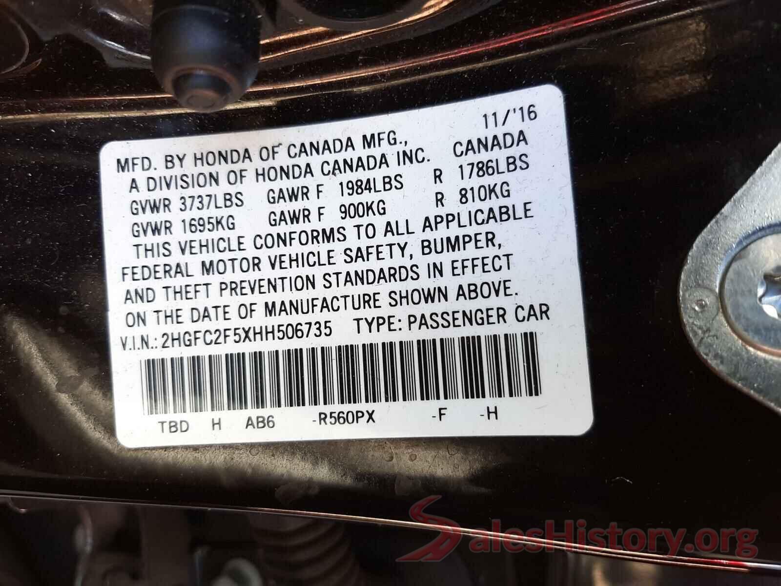 2HGFC2F5XHH506735 2017 HONDA CIVIC