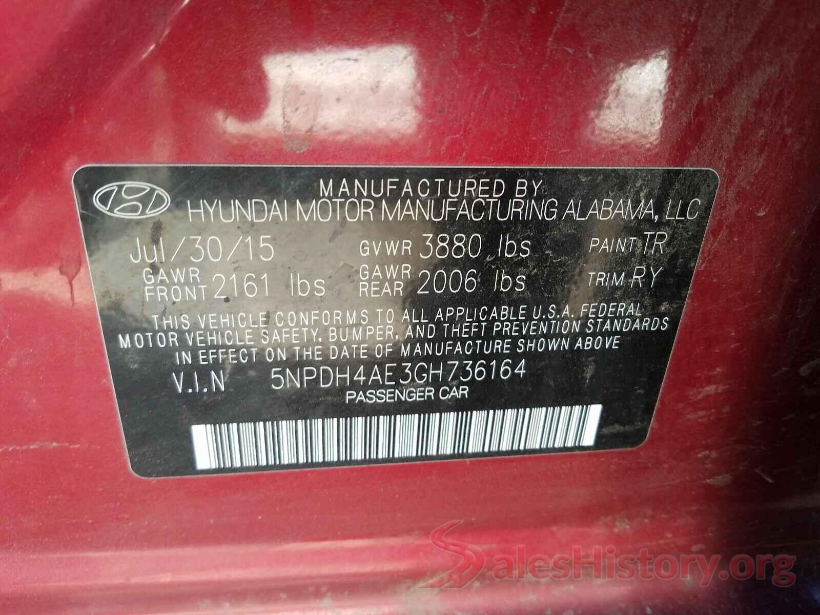 5NPDH4AE3GH736164 2016 HYUNDAI ELANTRA