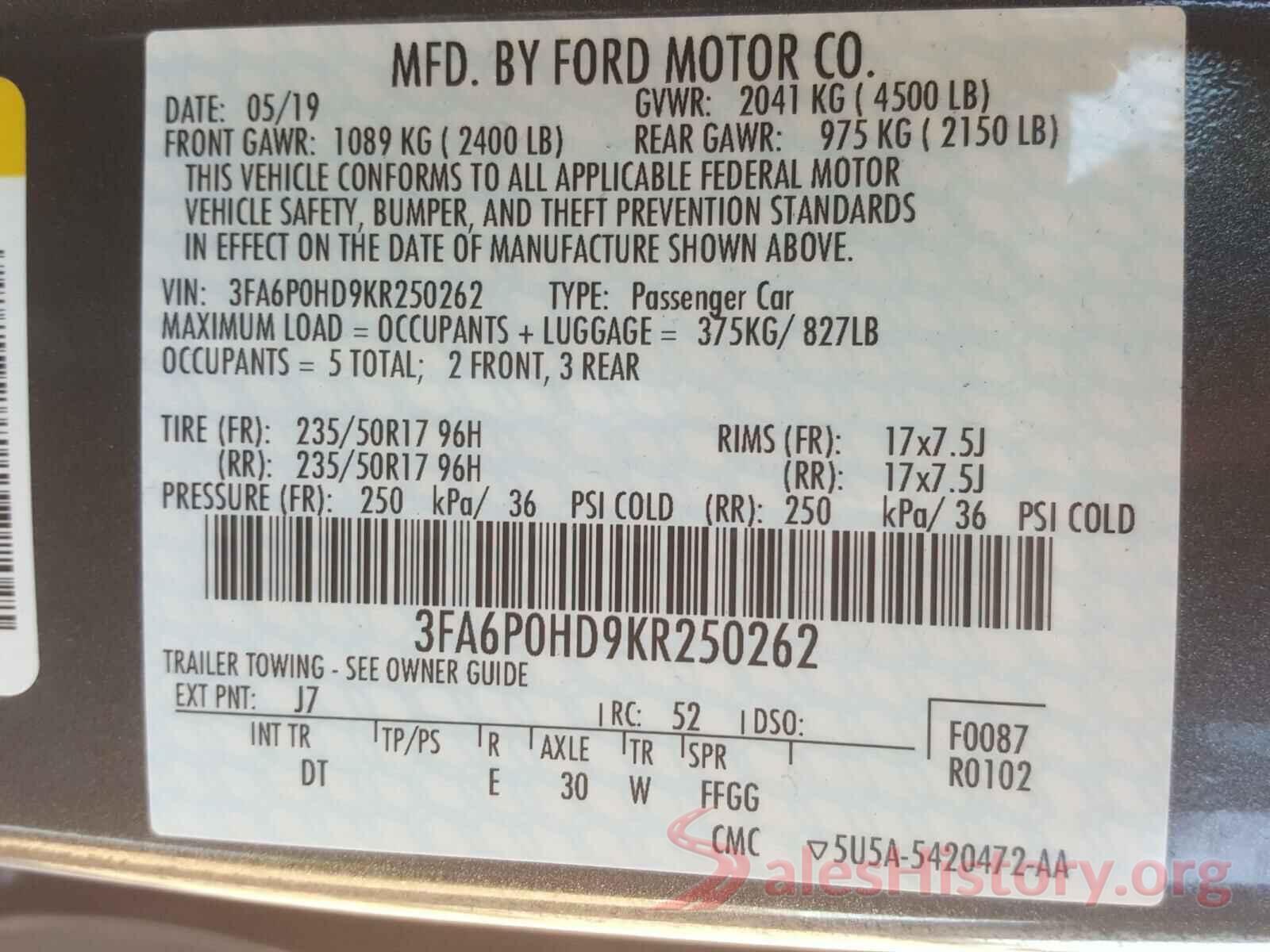 3FA6P0HD9KR250262 2019 FORD FUSION