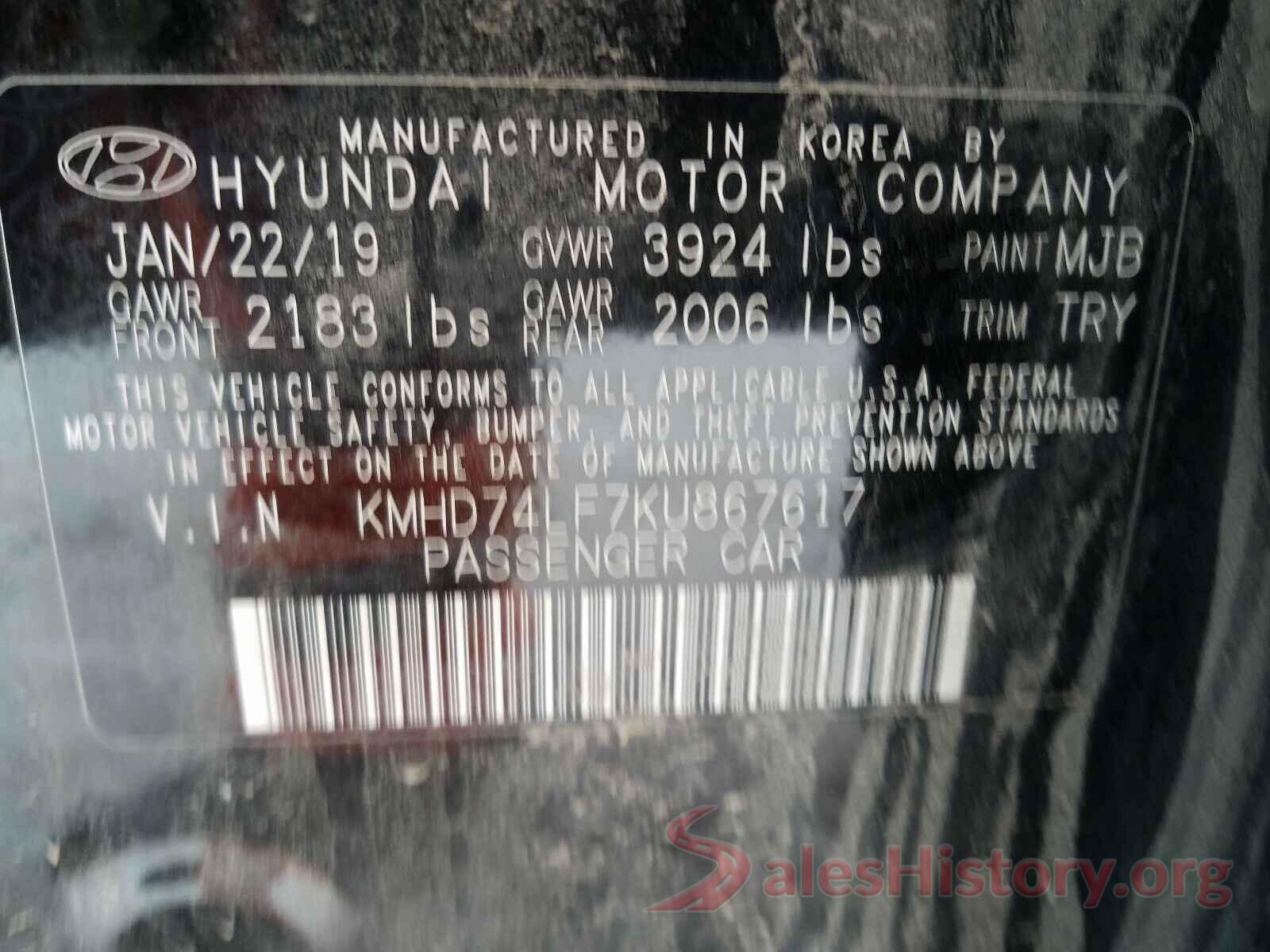 KMHD74LF7KU867617 2019 HYUNDAI ELANTRA