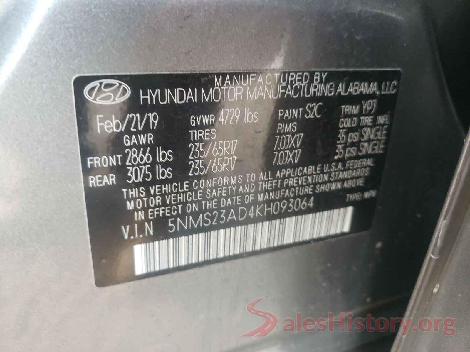 5NMS23AD4KH093064 2019 HYUNDAI SANTA FE